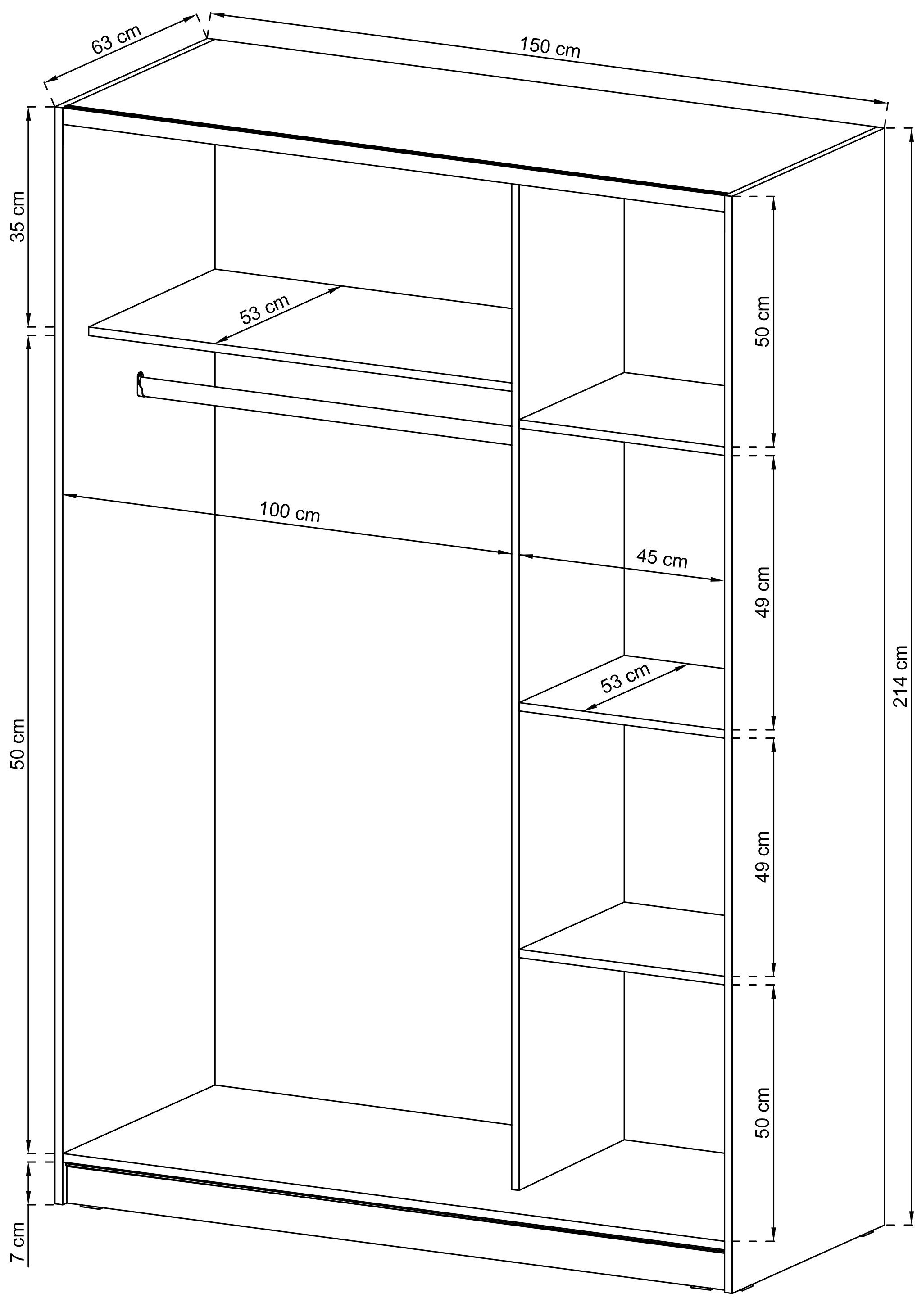 Facheinteilung Breite 150cm, Eiche Domando Riccione praktische Sonoma M1 Schwebetüren, Kleiderschrank Kleiderschrank