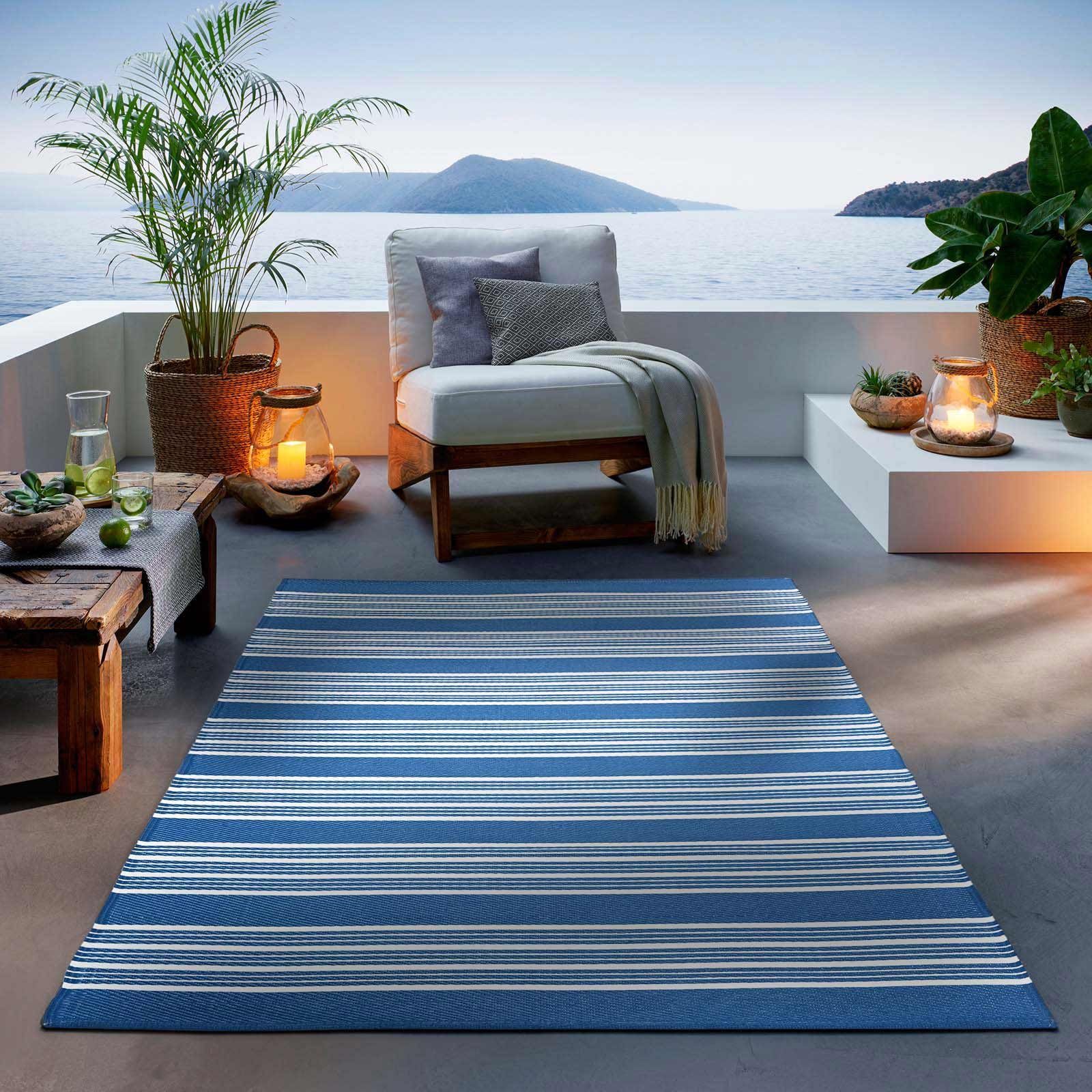 Teppich Outdoor & Indoor Teppich, TaCa Home, rechteckig, Höhe: 3 mm, Terrasse Balkon Garten Wohnzimmer Küche, Dunkelblau - 80 x 150 cm Dunkelblau Streifen