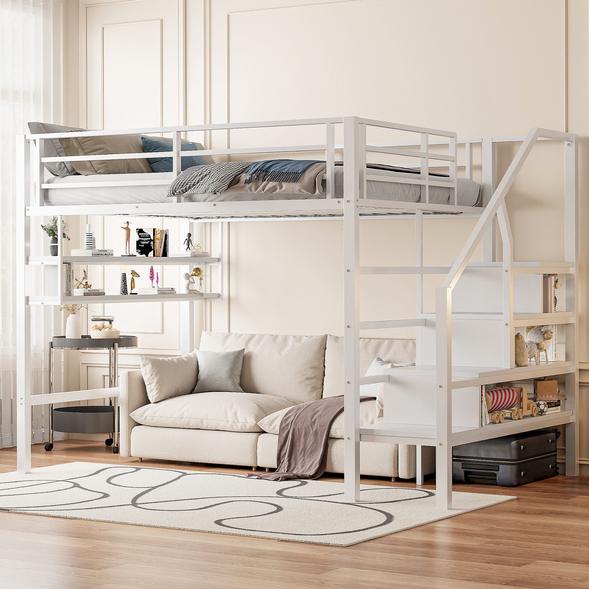 Flieks Hochbett Metallbett 140x200cm mit Einlegeböden und Stauraumtreppe günstig online kaufen