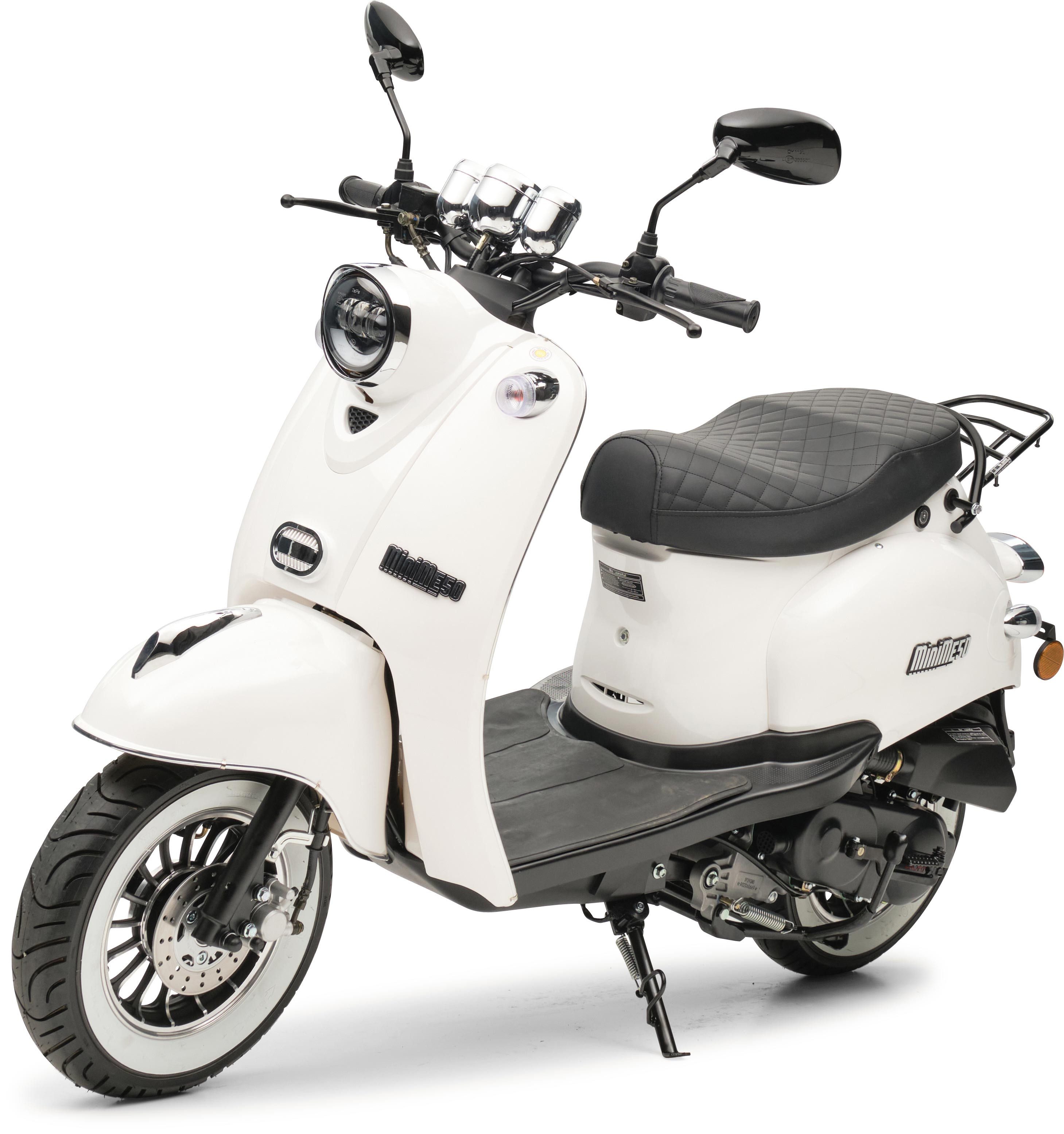 Burnout Motorroller MiniMe 2.0 Weiß, 50 ccm, 45 km/h, Euro 5, Unverwechselbares Retro Design, Moped