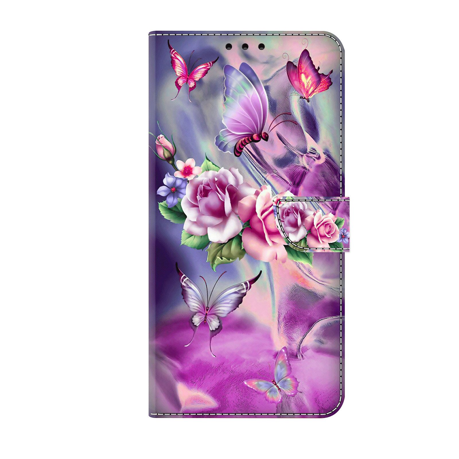 CLM-Tech Handytasche für Samsung Galaxy A16 / A17 5G Hülle aus Kunstleder Klapphülle (lila Blumen Schmetterlinge, Handyhülle mit Standfunktion - Wallet Flip Case inklusive Kartenfächer), Cover mit Magnetverschluss - Samsung Galaxy A16 5G Schutzhülle