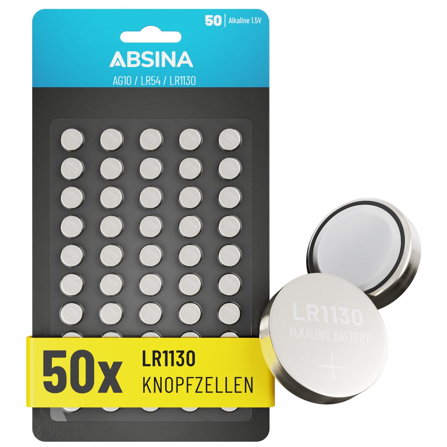 ABSINA AG10 LR1130 Knopfzelle 50er Pack - 1,5V Alkaline Knopfzellen Knopfzelle, AG10 (1,5V V, 1 St), Temperaturfest von -10°C bis +50°C, langlebig, auslaufsicher