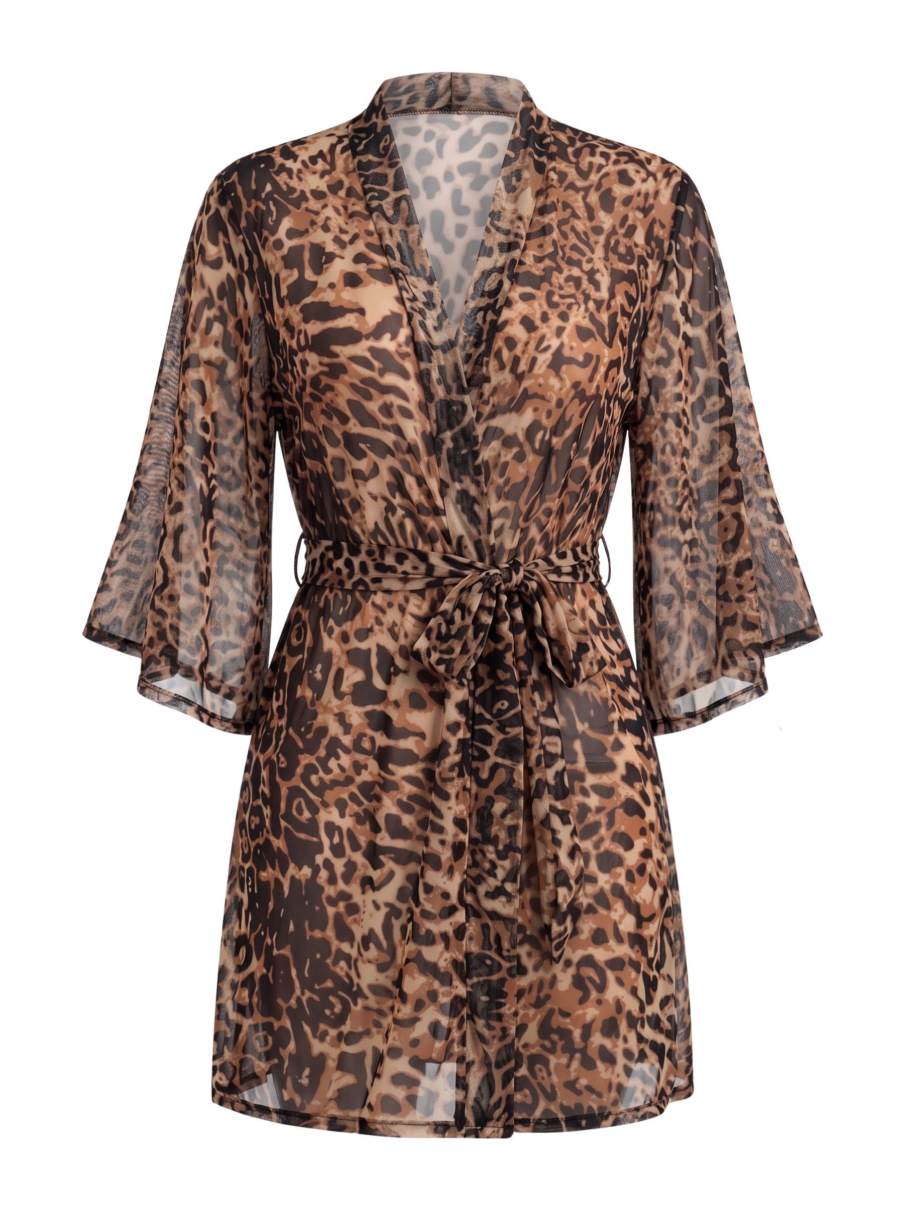 Elegant Love Kimono Damen-Morgenmantel aus Netzstoff mit 3/4-Ärmeln – Nachtwäsche, Bindegürtel, Taillengürtel, Strandkleid Transparent Leo-Print – Bikini Cover-up Strandtunika