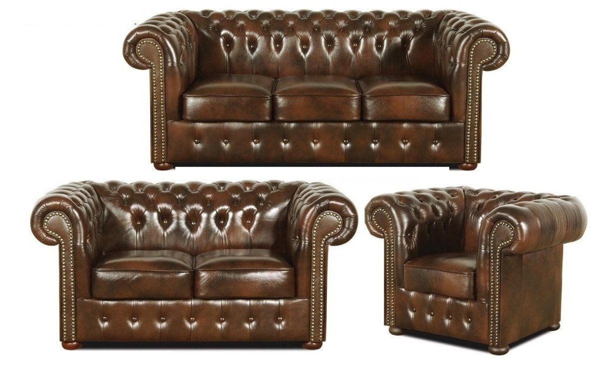 3er Set Luxus Chesterfield Wohnzimmer Padrino Chesterfield-Sofa Dunkelbraun Echtleder Möbel Casa -