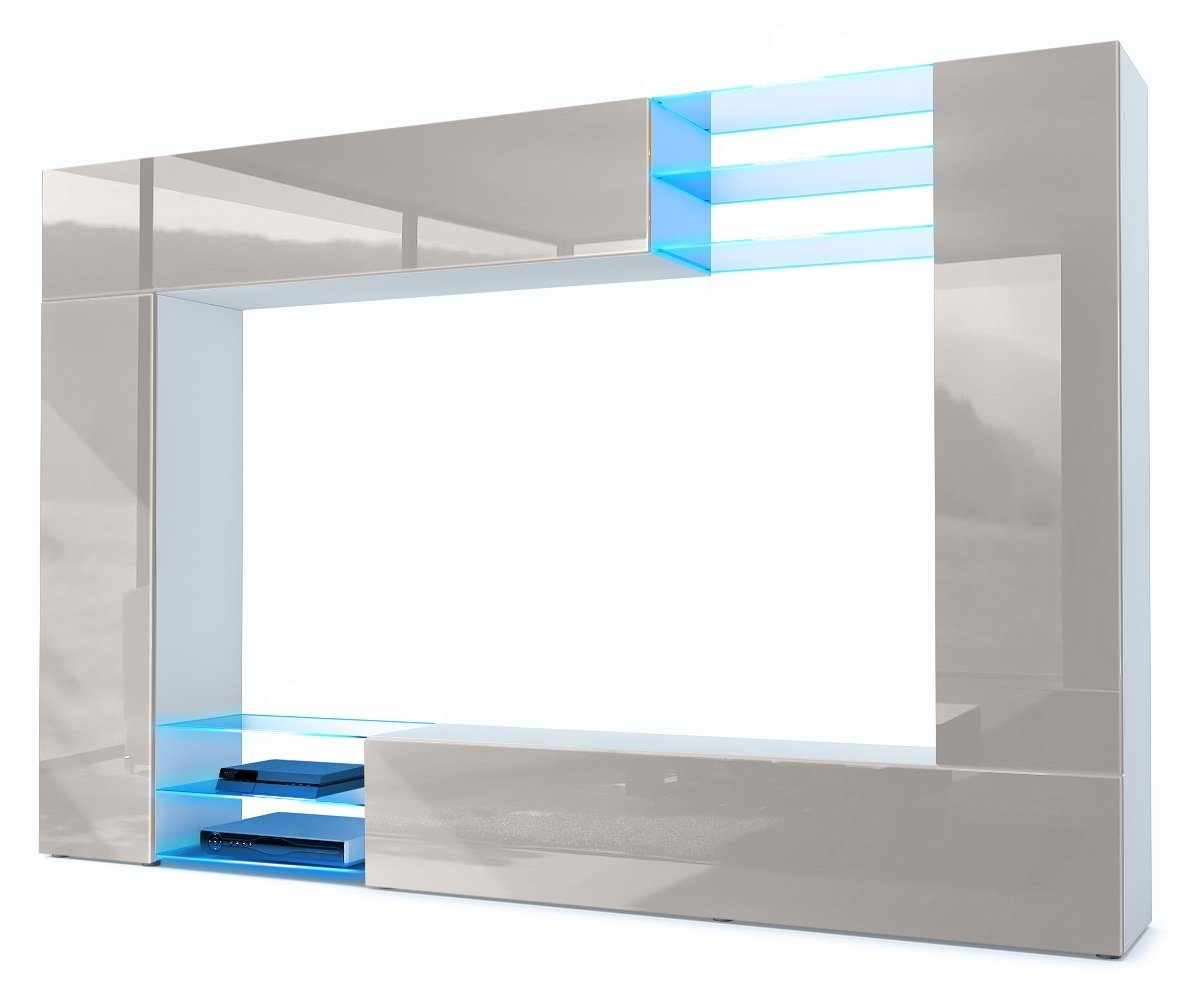 Vladon Wohnwand Mirage, (Anbauwand mit Rückwand mit 2 Türen, 4-St., 2 Klappen und 6 offenen Glasablagen), Weiß matt/Sandgrau Hochglanz, inkl. LED-Beleuchtung (262x183x39 cm)