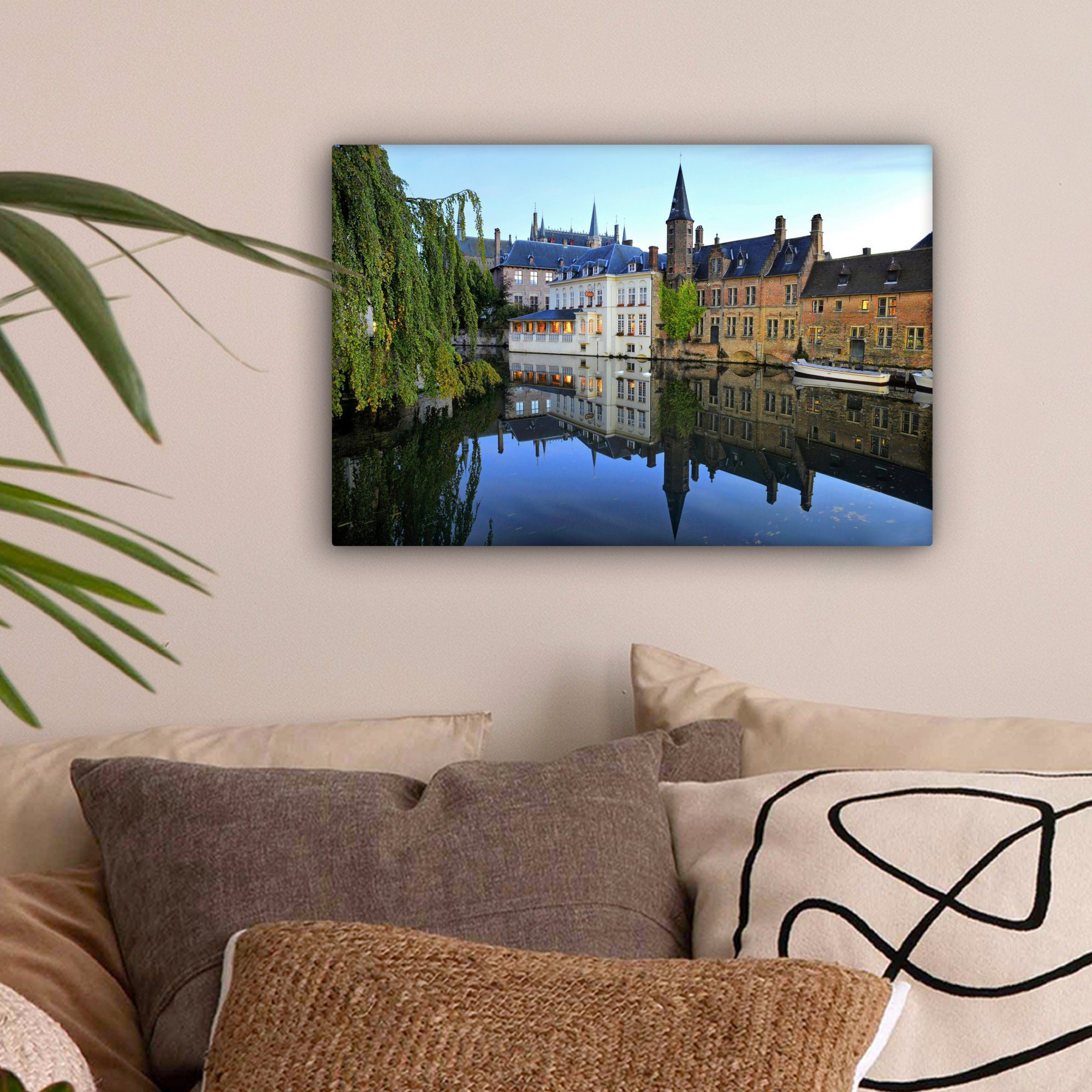 30x20 Brügge - (1 Spiegelung, OneMillionCanvasses® Aufhängefertig, Wasser Wandbild Wanddeko, Leinwandbild - St), Leinwandbilder, cm