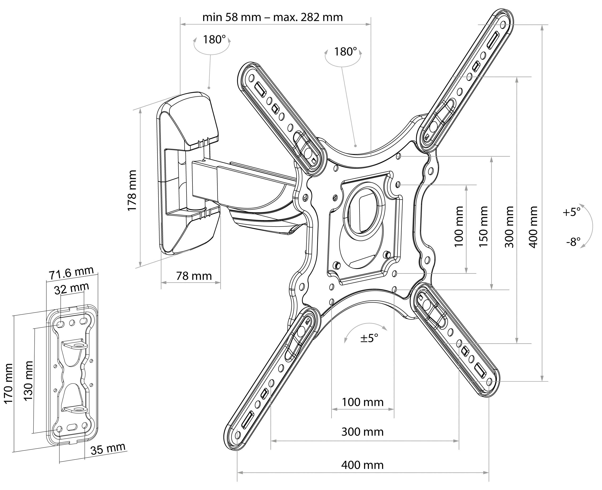 Schwaiger TV-Wandhalterung LWH25535 513, (bis 75 Zoll, neigbar, schwenkbar, drehbar, bis 35kg, bis 400x400mm, integrierte Kabelführung, schwarz) – Bild 5 von 5