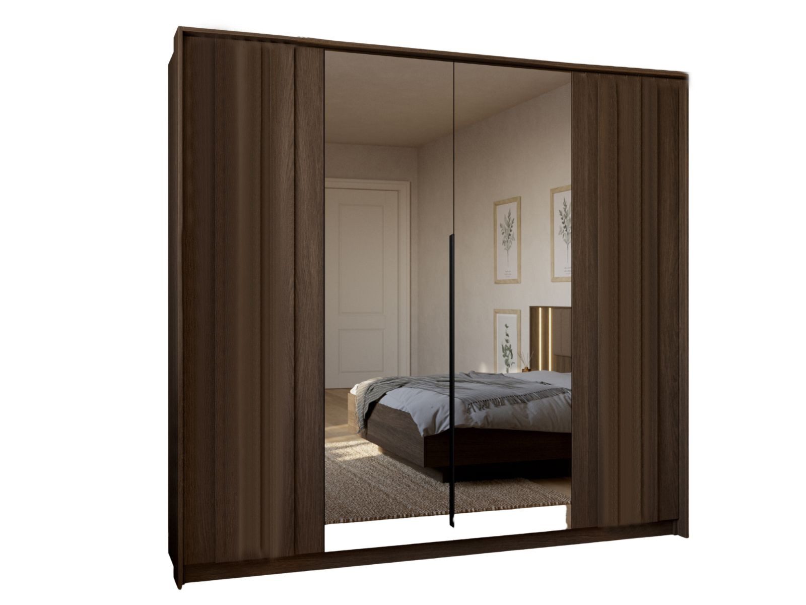 Compleo Drehtürenschrank 223 cm breit, Kleiderschrank mit 4 Türen, Japandi Design Minimalistische LED-Beleuchtung