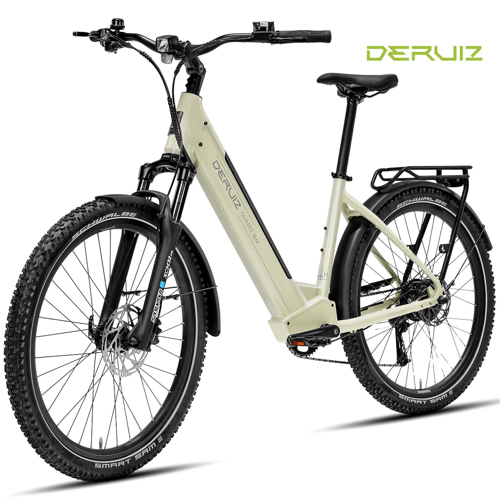 DERUIZ E-Bike Trekkingrad 28 Zoll Quartz /Quartz SUV 644 Wh, 161 km, Drehmomentsensor, 8 Gang Shimano Shimano Acera RD-M360 SGS, 8-Gang Schaltwerk, Kettenschaltung, Heckmotor, 644 Wh, (Federgabel mit Lockout, Drehmomentsensor, Farb-LCD-Display), 100-mm-Federweg, Drehmomentsensor, TEKTRO hydraulische Scheibenbremsen