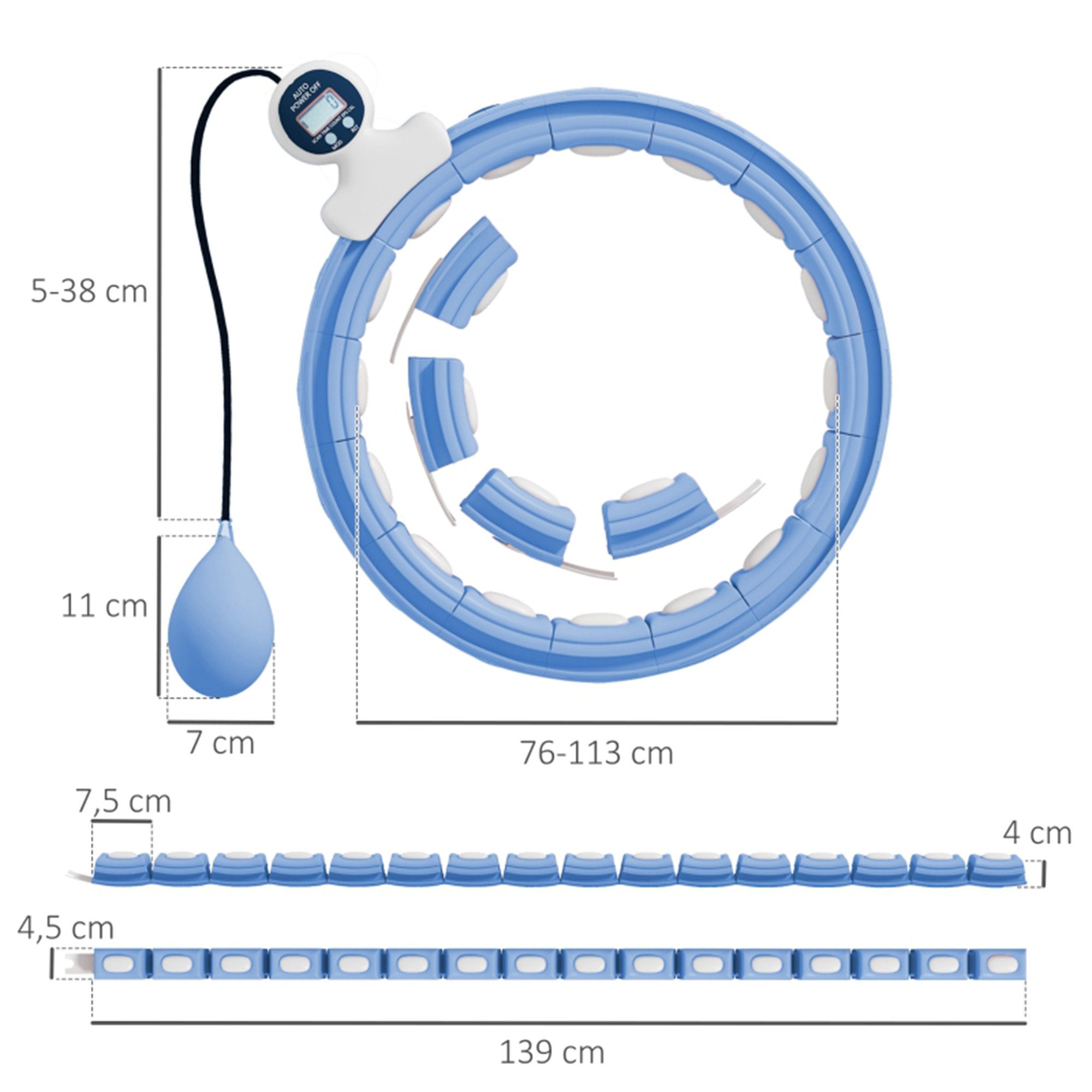 MC Star Hula-Hoop-Reifen mit Gewicht Kugel Zähler 16 Knoten (76-113cm) Einstellbar (Fitness Leise Abnehmen Ausrüstung Infinity Hula-Hoop für Gewichtsverlust, Fitness Hellblau)