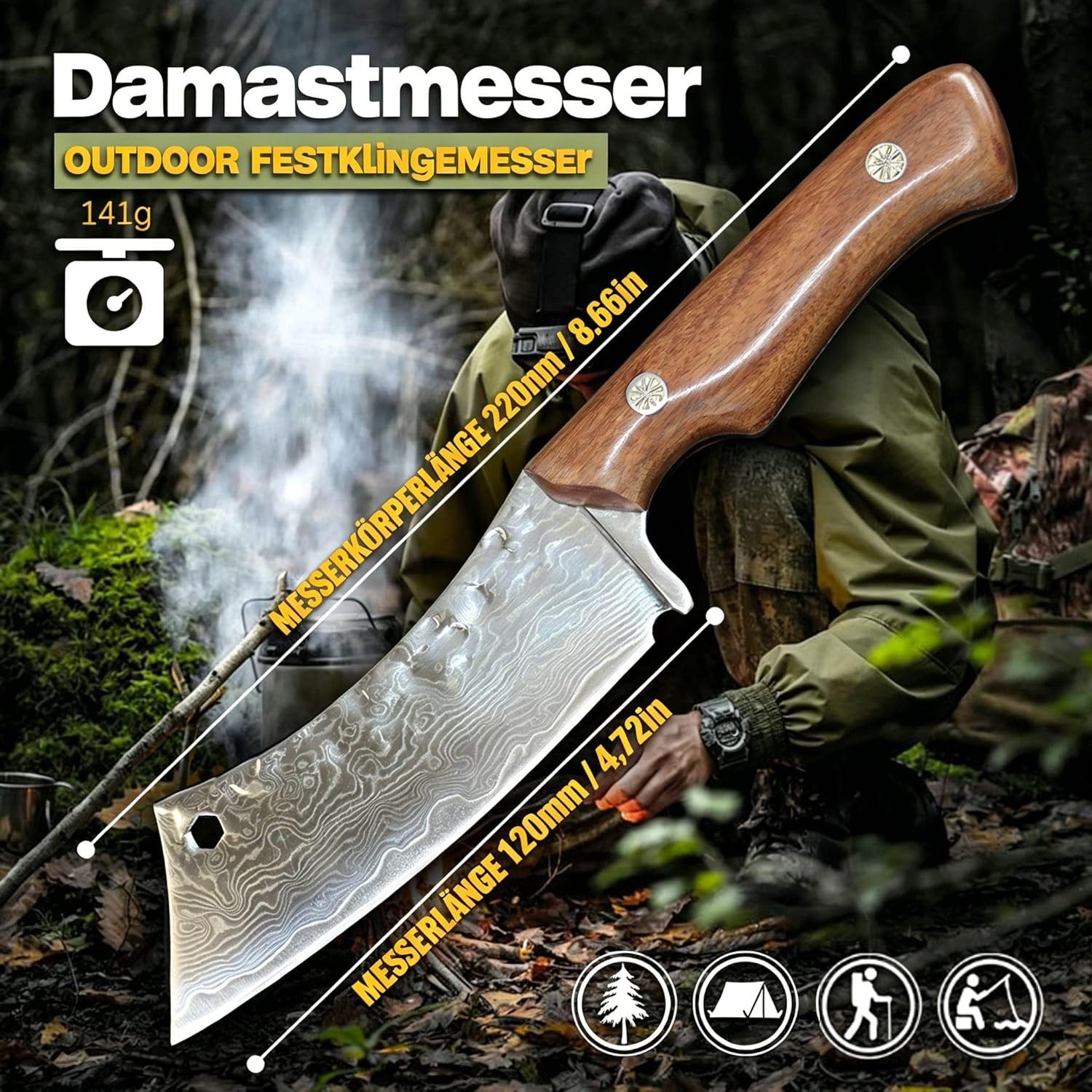 KingLux Damastmesser Jagdmesser Damast Feststehend Outdoor Messer VG10 Campingmesser