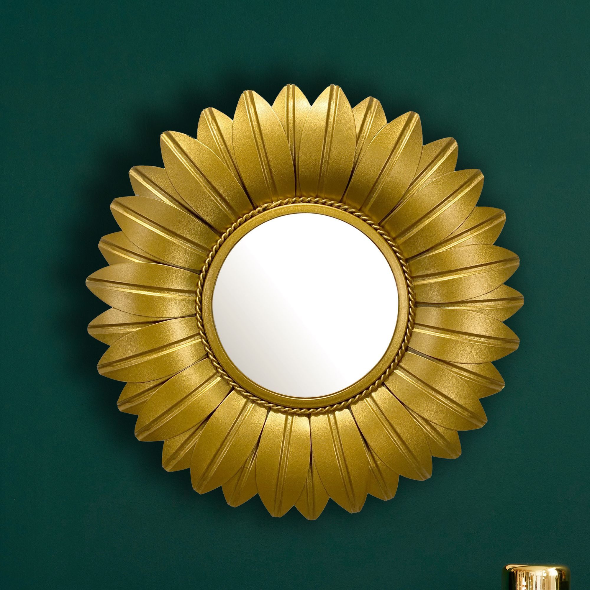 FINEBUY Wandspiegel Flurspiegel Blume Metall 60 cm Spiegel Flur Hängespiegel FB102773 (Dekospiegel Sonnenblume Rund, Gold Metall 60 cm), Flurspiegel Garderobenspiegel, Hängespiegel Modern