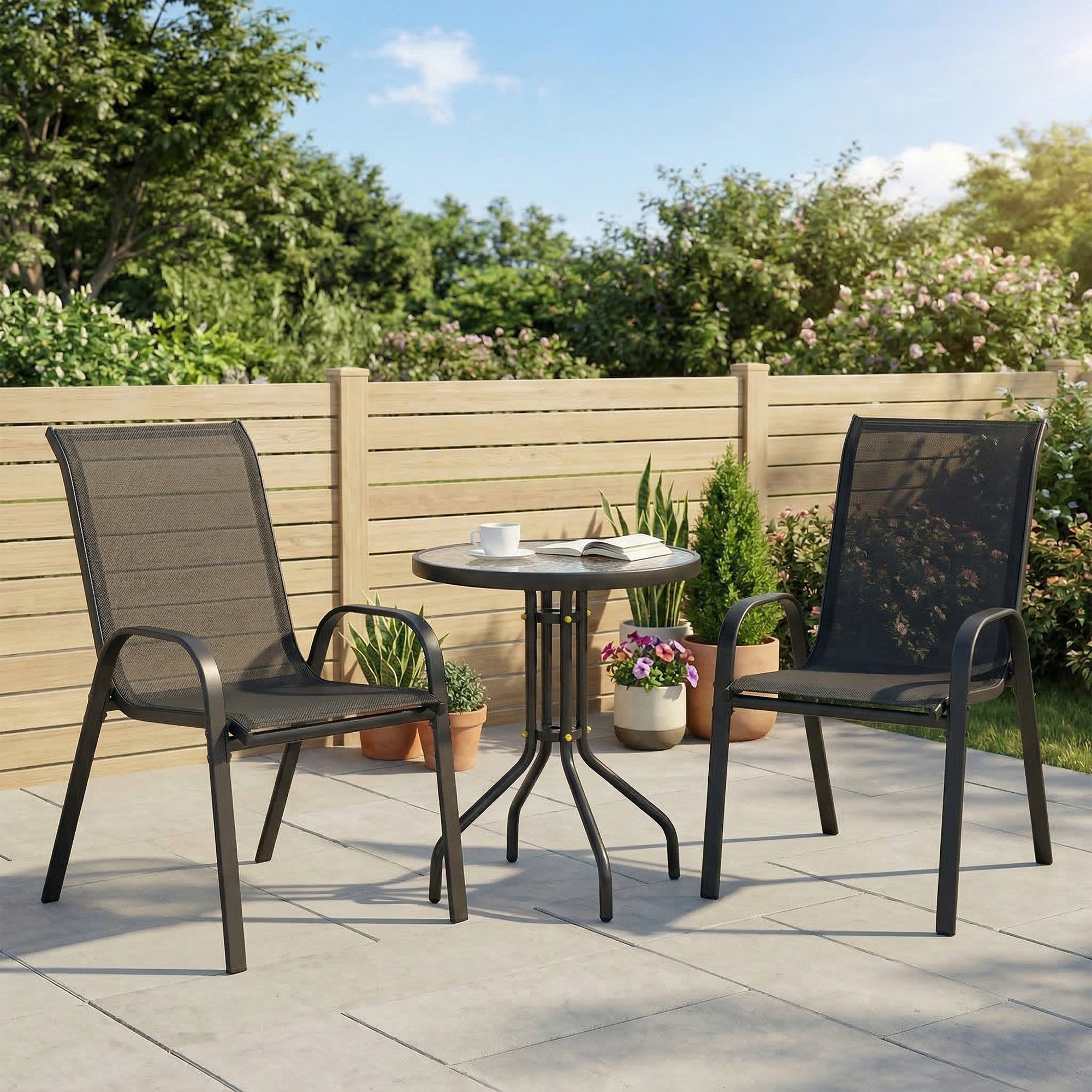 Outsunny Balkonset Wetterfest Stapelbare Gartenstühlen Balkonmöbel Set Sitzgruppe, (Bistro-Set, 3-tlg., Gartenmöbel Set), Gartengarnitur Schwarz