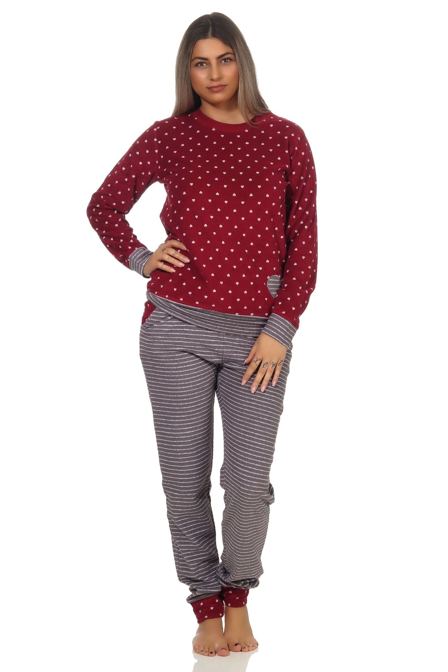 Pyjama Damen Frottee Pyjama mit Bündchen im Herz Tupfen- und Ringeldesign