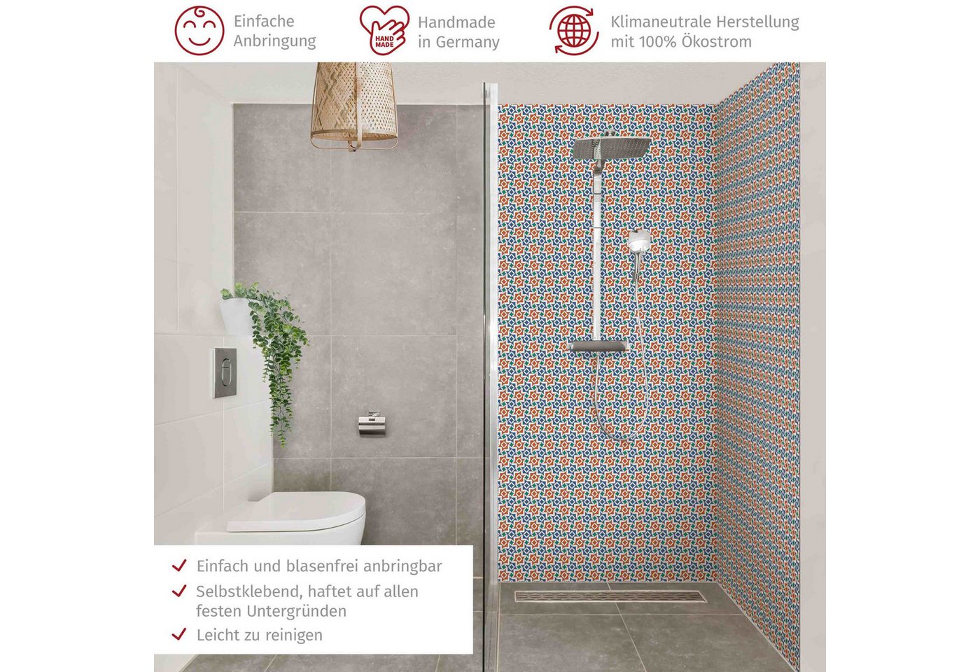 Thumbnail - Bilderdepot24 Badrückwand Fliesenoptik rot Duschrückwand ohne Bohren Dusche, (2-tlg., Hart-Folie Premium matt 0,61 mm), ...
