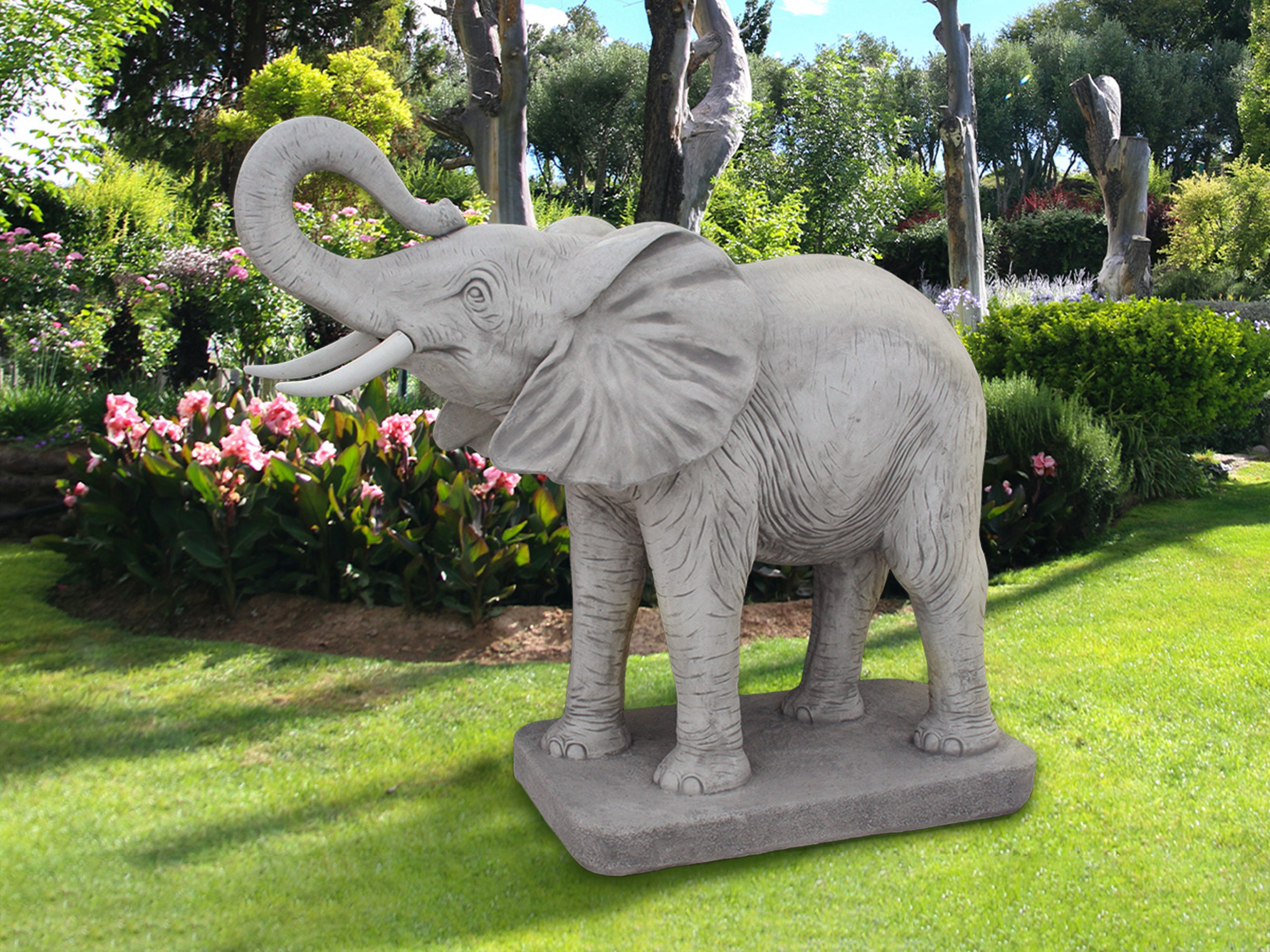 gartendekoparadies.de Gartenfigur Statue Elefant auf Stabiler Bodenplatte, H. 156 cm, 950 kg, Frostsicher