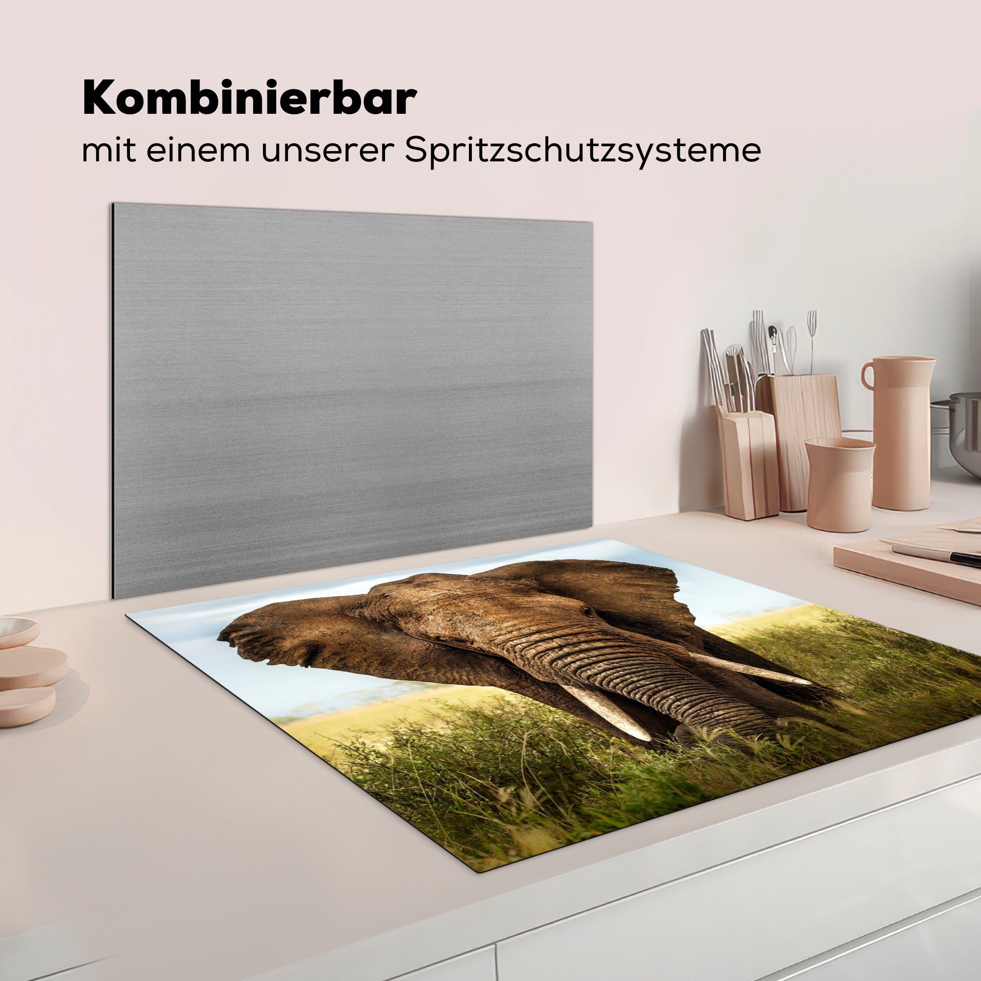 (1 Vinyl, Arbeitsplatte - - Elefant Gras für tlg), 78x78 küche cm, Feld, MuchoWow Herdblende-/Abdeckplatte Ceranfeldabdeckung,