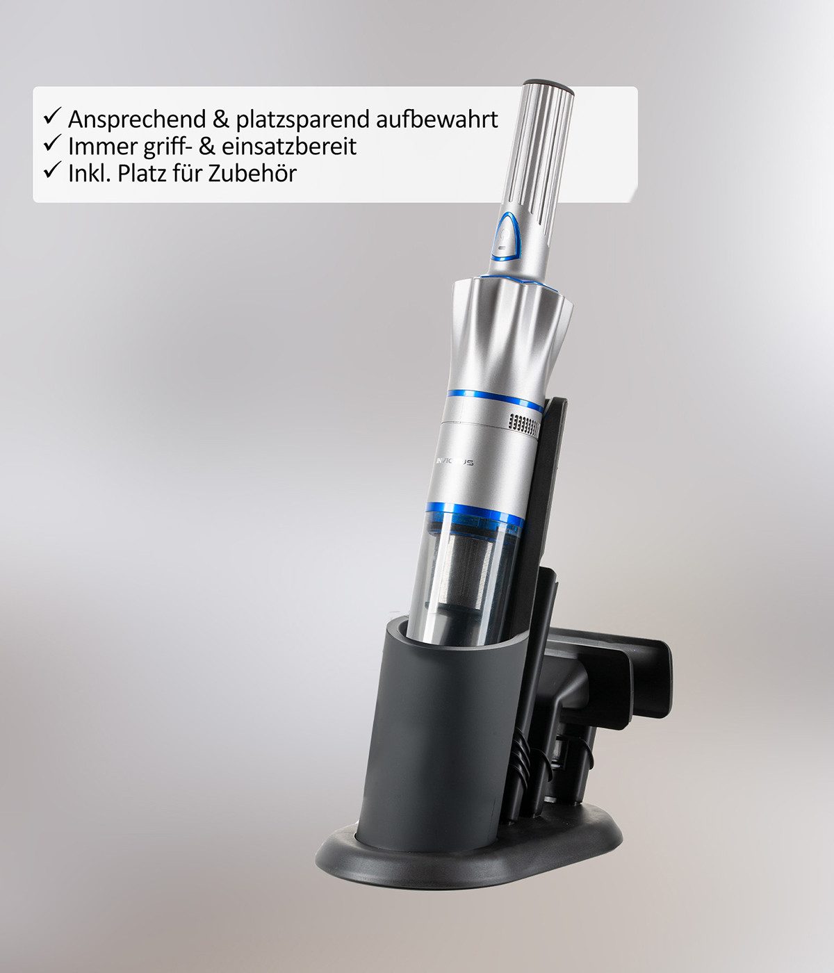 Genius Akku-Handstaubsauger INVICTUS ONE 2.0 Hand- und Bodenstaubsauger Set 16-tlg. dunkelblau, beutellos, für Böden, Möbel, Polster, Fugen, Auto und schwer erreichbare Stellen