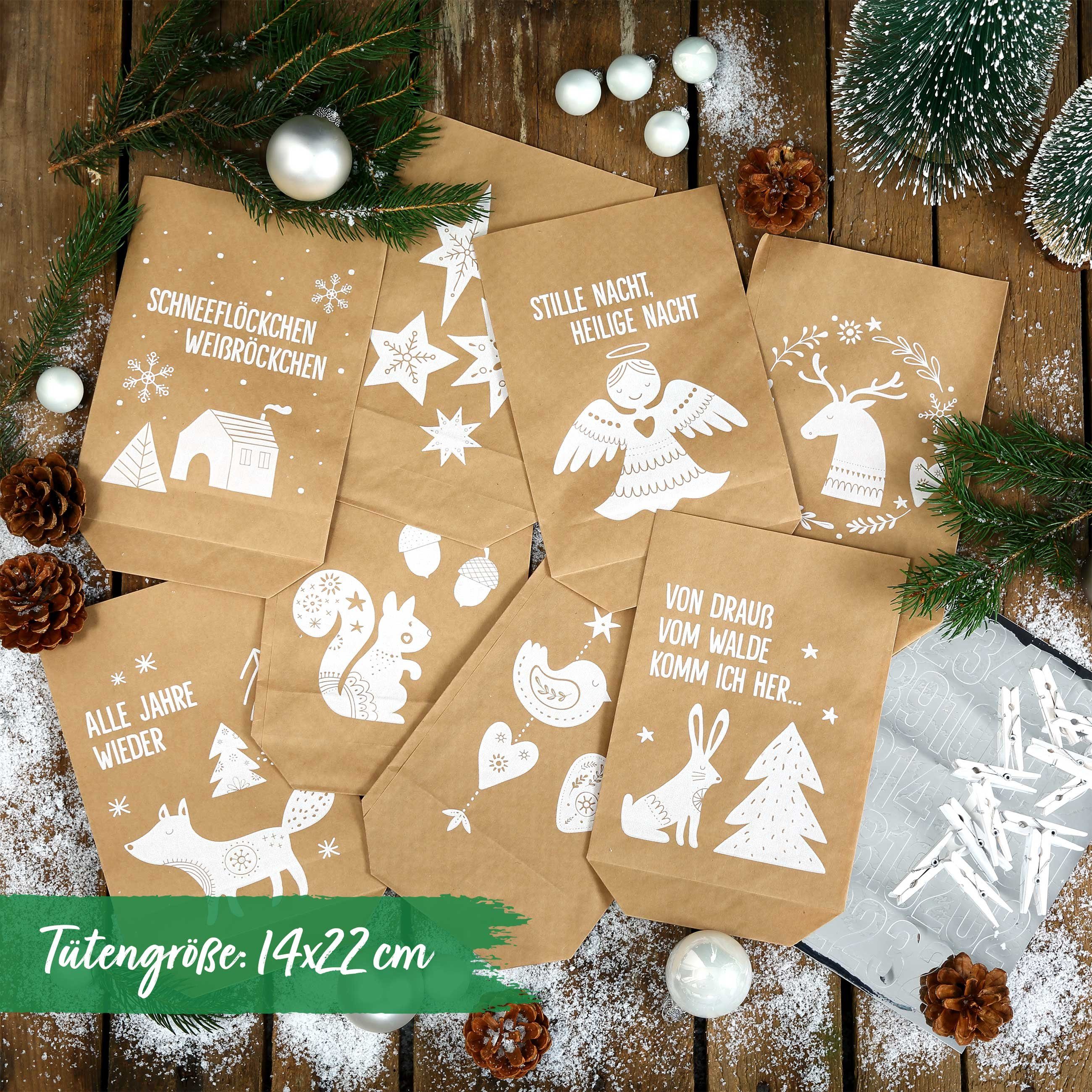 PAPIERDRACHEN befüllbarer Adventskalender DIY Adventskalender - 24 Geschenktüten, 24 Zahlenaufkleber & Klammern
