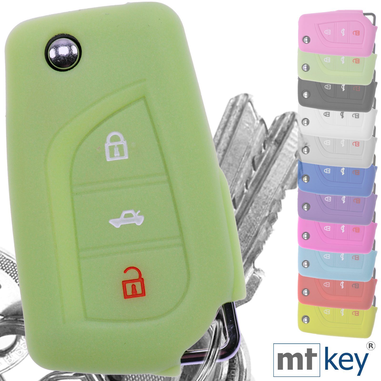 mt-key Schlüsseltasche Autoschlüssel Softcase Silikon Schutzhülle  fluoreszierend Grün, für Toyota AURIS Corolla Avensis 3 Tasten  Klappschlüssel