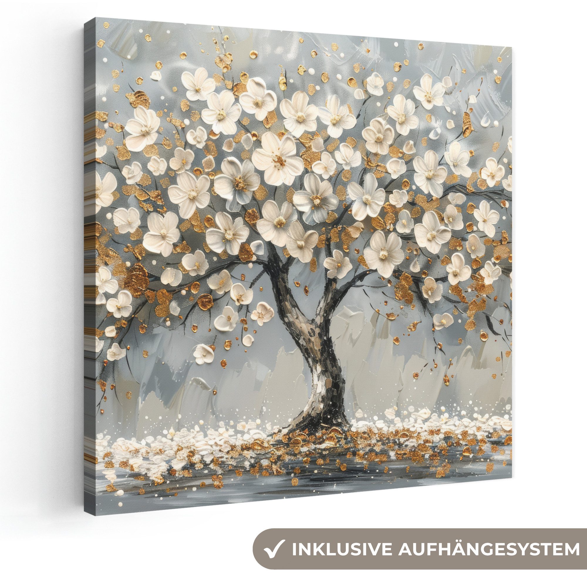OneMillionCanvasses® Leinwandbild Baum - Gold - Blumen - Abstrakt - Kunst, Fotodruck (1 St), Wandbild, Deko Schlafzimmer Wohnzimmer Flur 20x20 cm