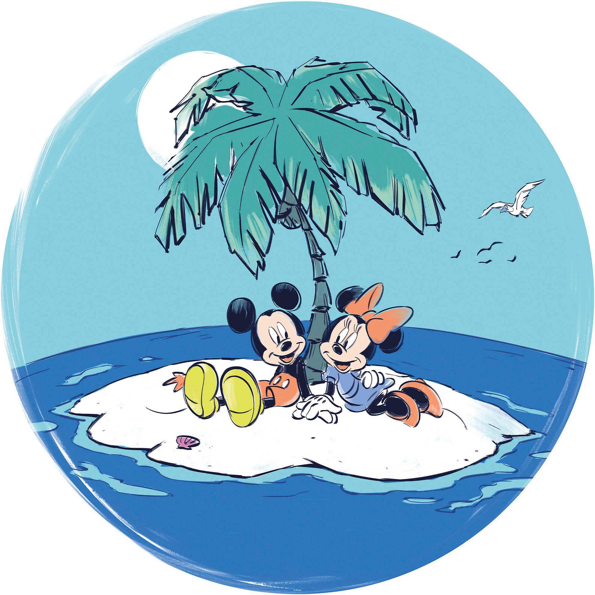Komar Wandtattoo selbstklebendes Vlies, Mickey and Minnie Remote Island, Gr.125x125 cm (1 St), Künstler: Komar, rund und selbstklebend
