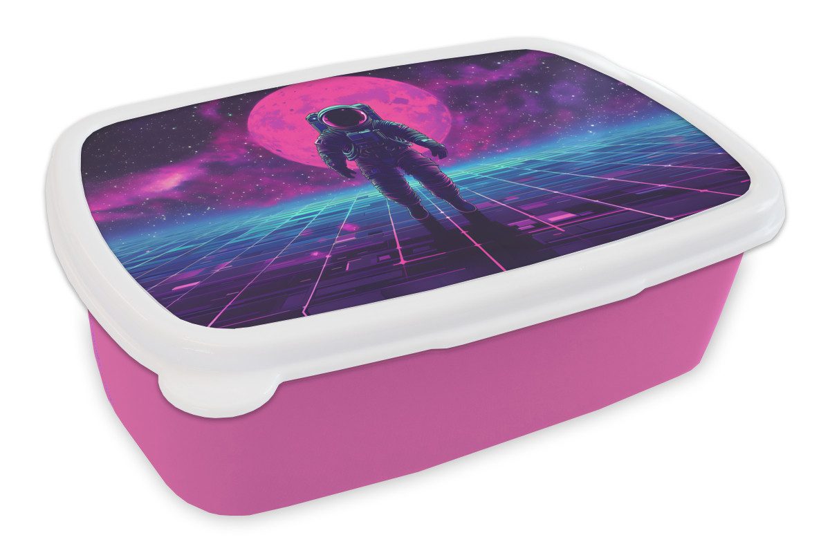 MuchoWow Lunchbox Astronaut - Mond - Rosa - Sternennebel, Kunststoff, (2-tlg), Brotdosen, Lunch Box, Brotbox für Kinder und Erwachsene