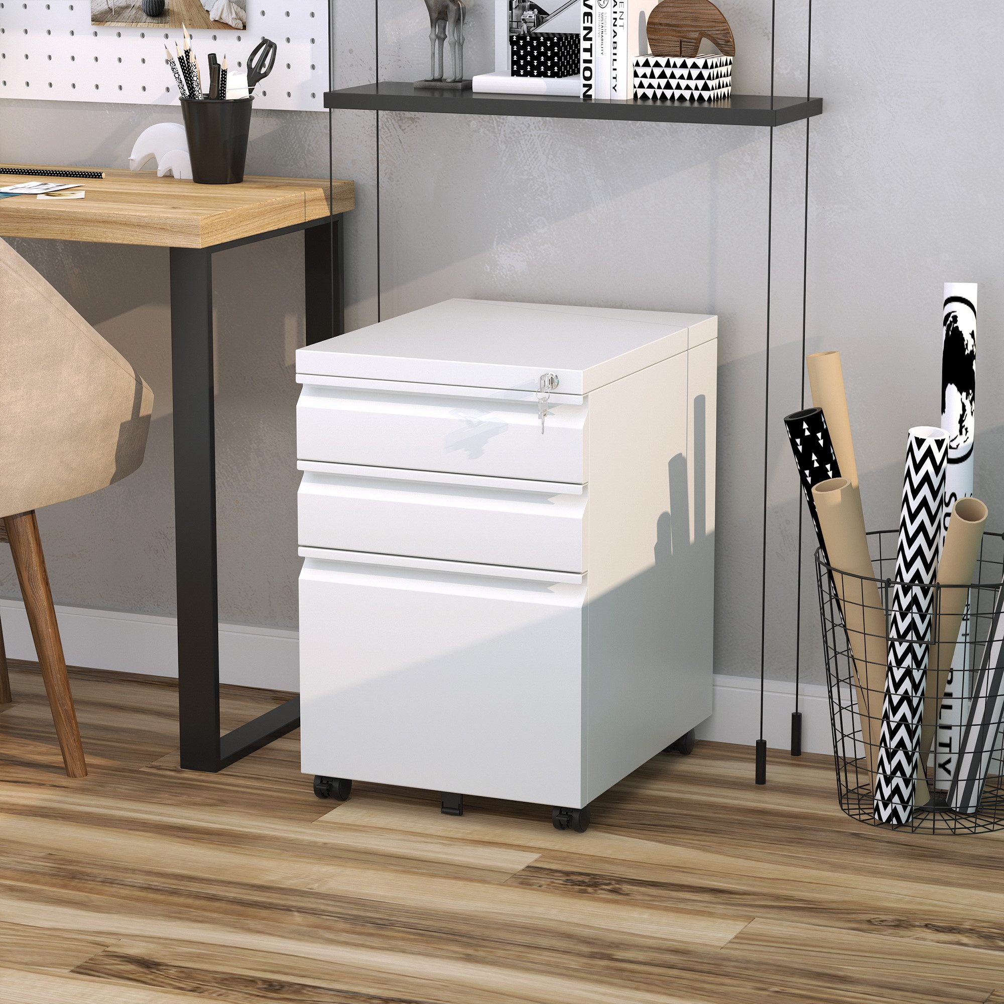 Vinsetto Rollcontainer Aktenschrank mit 3 Schubladen, Büroschrank mit Rollen abschließbar, (Büroschrank, 1 St., Bürocontainer), Stahl Weiß 39 x 48 x 60 cm