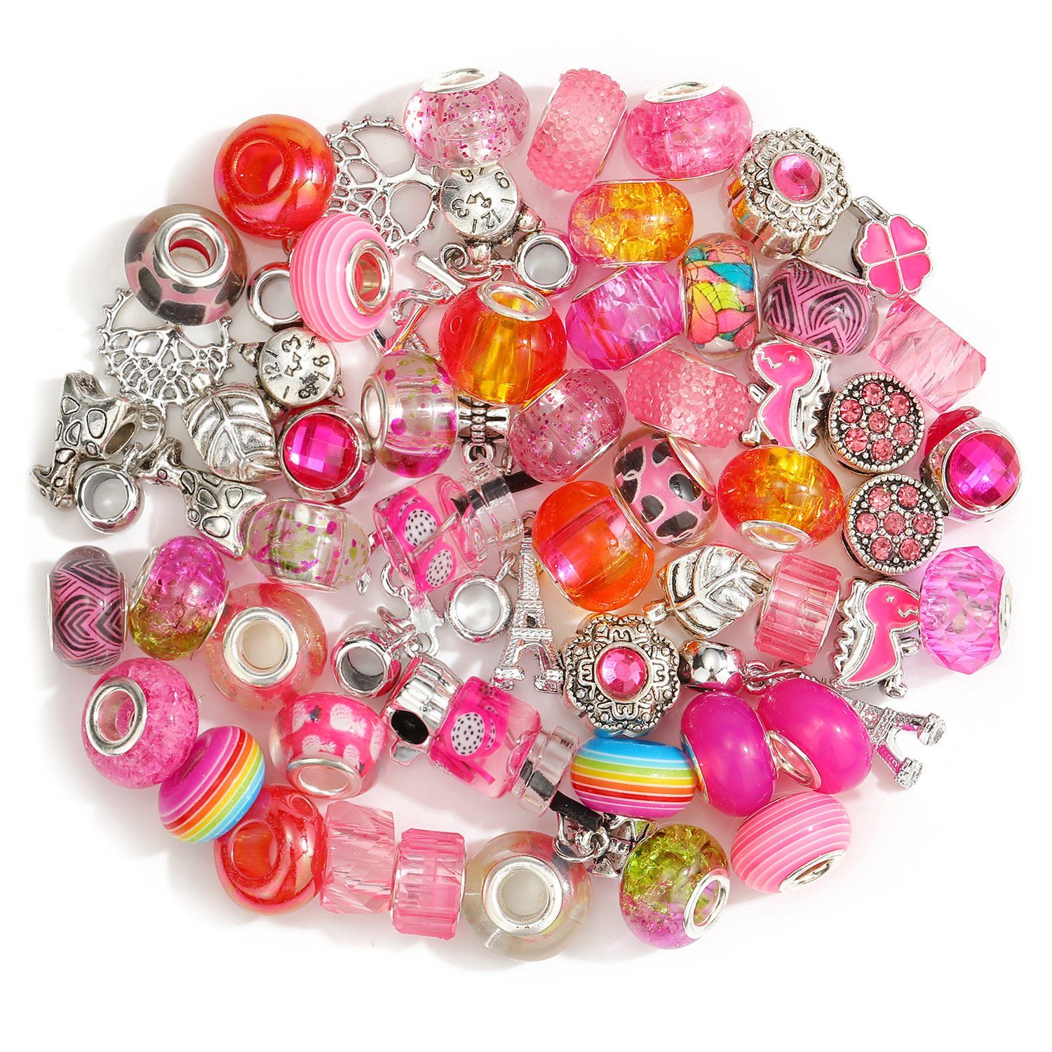 Kopper-24 Bastelperlen Großlochperlen Glasperlen Charm Mix mit 60 Perlen, Pink