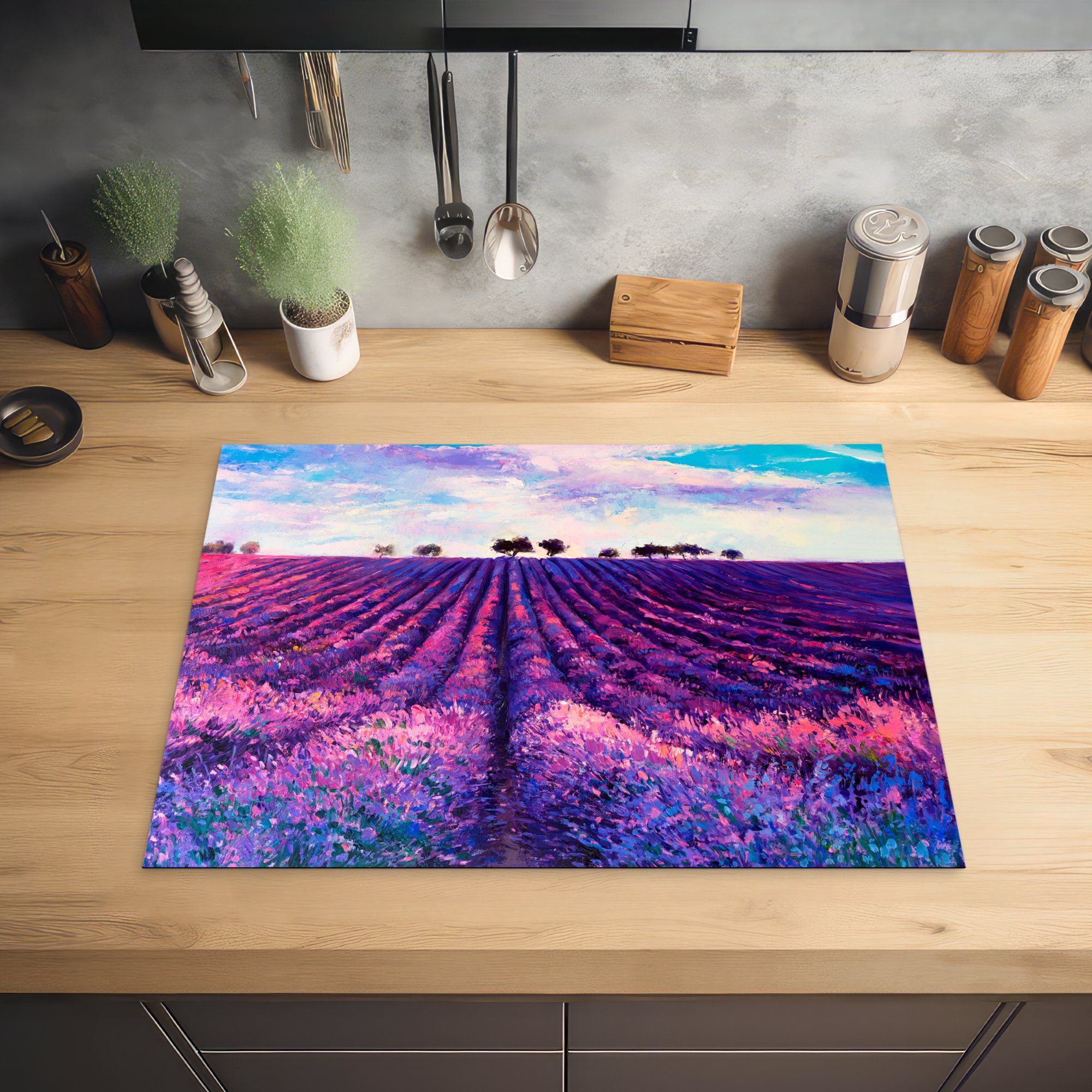 Blumen Lavendel - cm, - nutzbar, (1 tlg), - Ceranfeldabdeckung Vinyl, Malerei MuchoWow Arbeitsfläche - Natur, 70x52 Mobile Herdblende-/Abdeckplatte Ölfarbe
