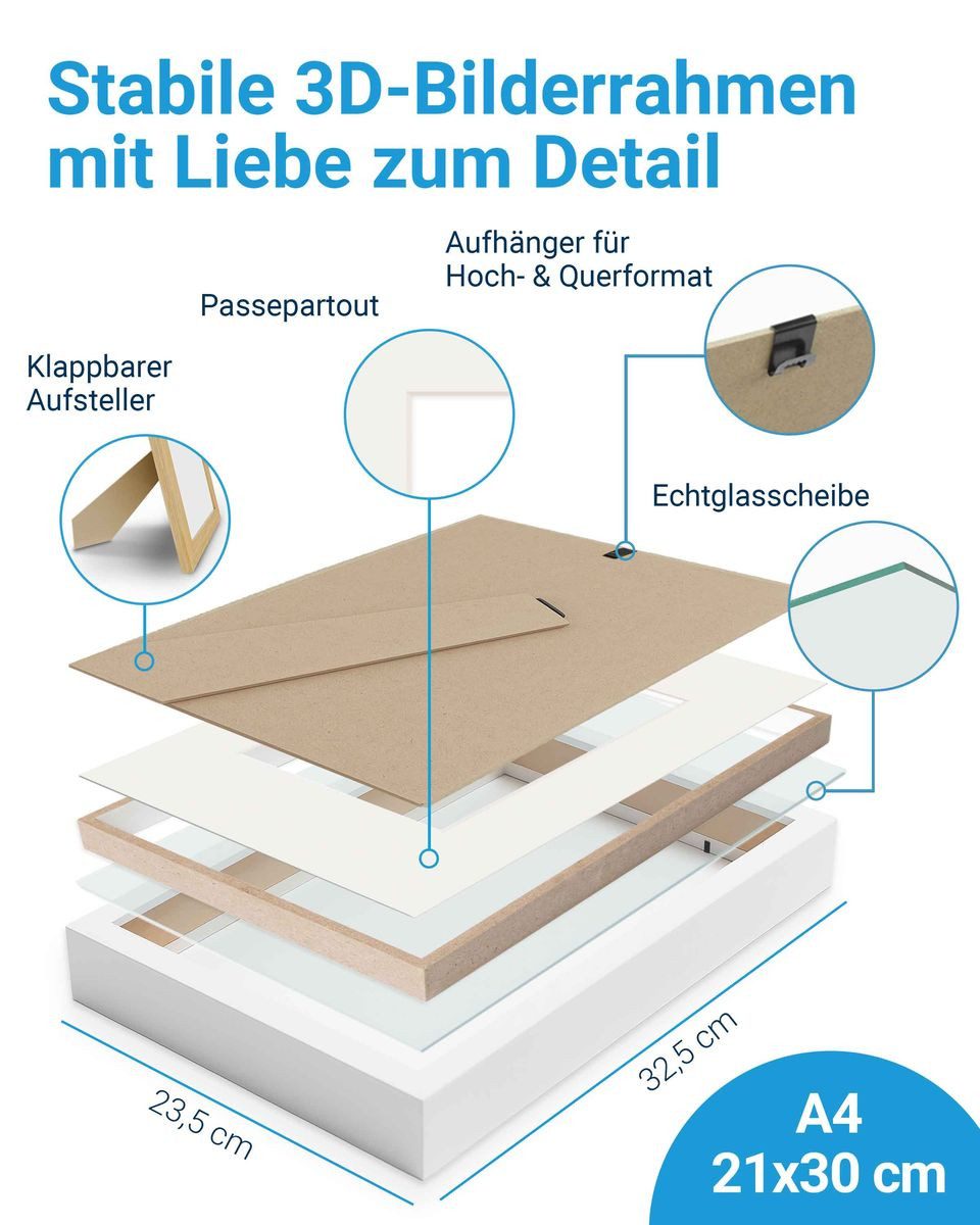 PHOTOLINI Bilderrahmen 3D-Objektrahmen tief zum Befüllen mit Glasscheibe, für 1 Bilder (1 Einzelrahmen), tiefer Rahmen A4 21x30 cm mit Passepartout für Objekte bis 3 cm Tiefe