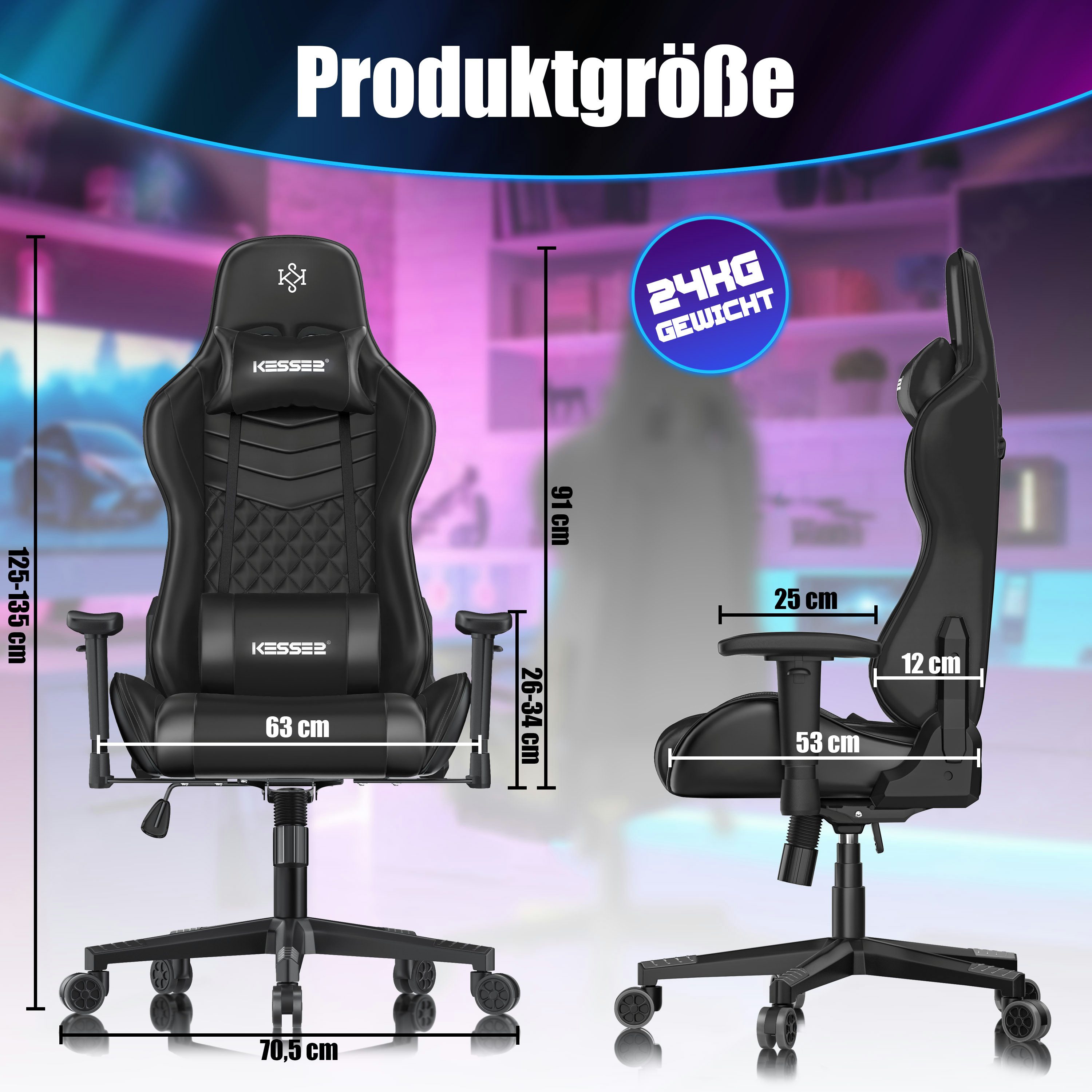 KESSER Gaming Chair, Ergonomisch Gamingstuhl 150kg belastbar Bürostuhl Lenden- & Kopfkissen