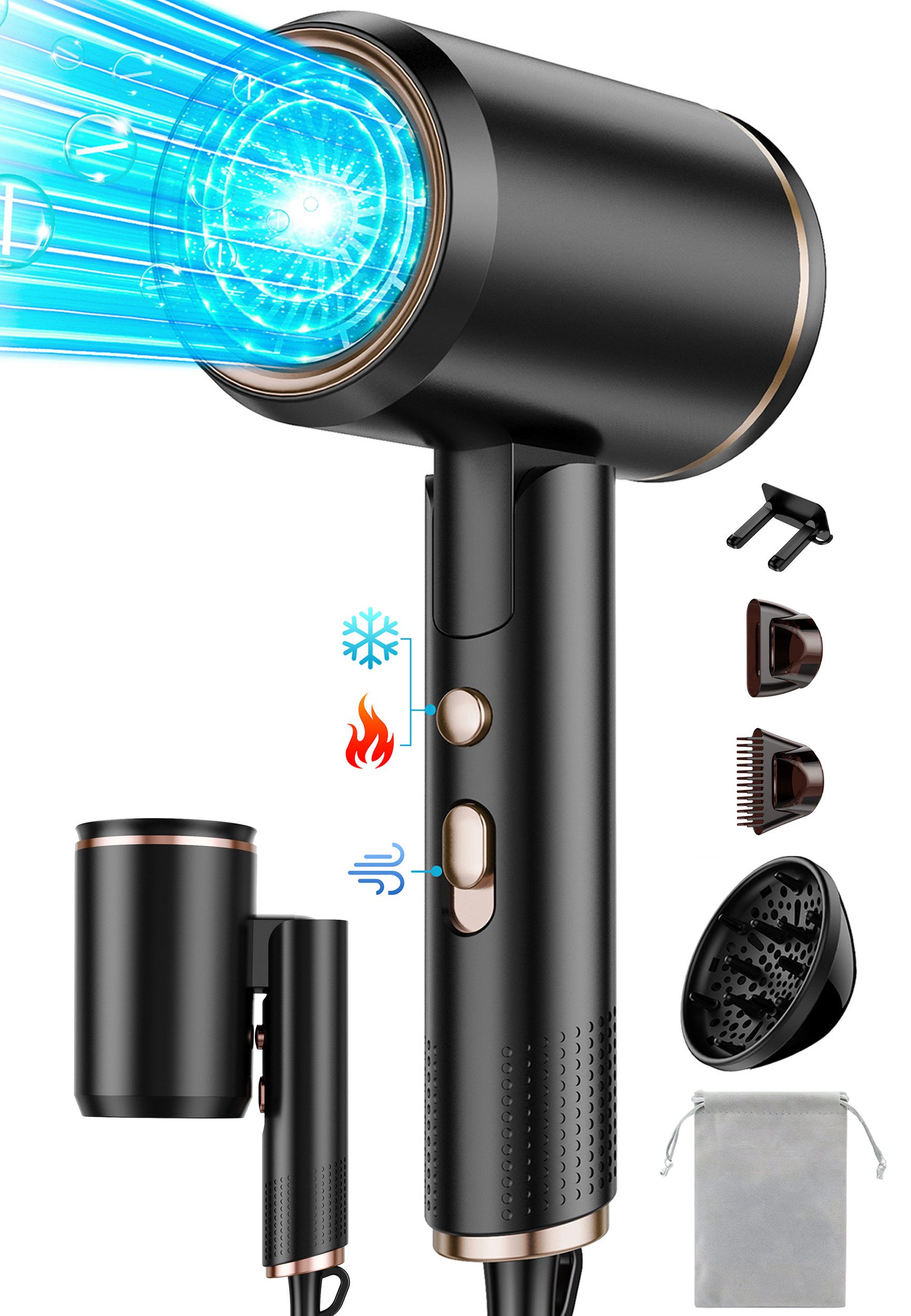 Fyrove Ionic-Haartrockner Föhn,Ionen-Haartrockner 2500W, klappbar, 3 Stylingdüsen, 2400 W, 2 Gebläsestufen, Reise-Föhn, Reiseföhn Hairdryer