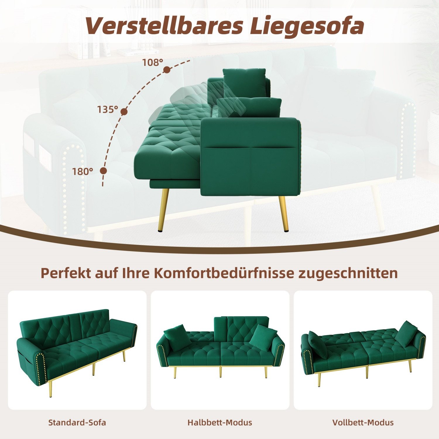 ANYSUN Schlafsofa Doppelt ausklappbares Schlafsofa mit Liegefunktion, drei verstellbaren Neigungswinkeln und Getränkehalter., Geeignet für Wohnzimmer, Schlafzimmer, Heimkino oder Gästezimmer.