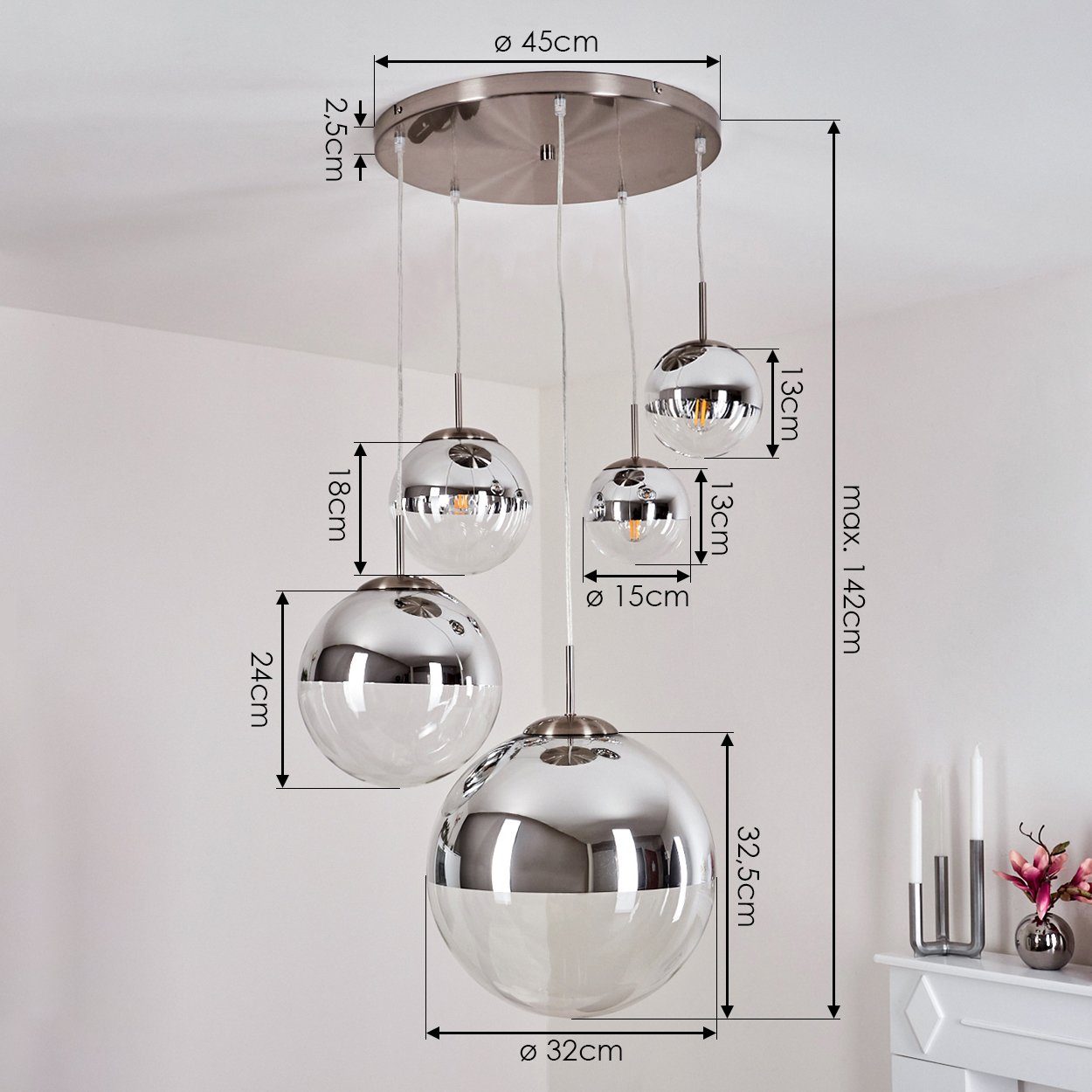 hofstein Hängeleuchte »Arola« Deckenlampe aus Leuchtmittel, / in E27 Pendellampe Echtglas, ohne max. 142cm, E27 mit Höhe Nickel-matt/Chromfarben/Klar, Metall/Glas Kugeln