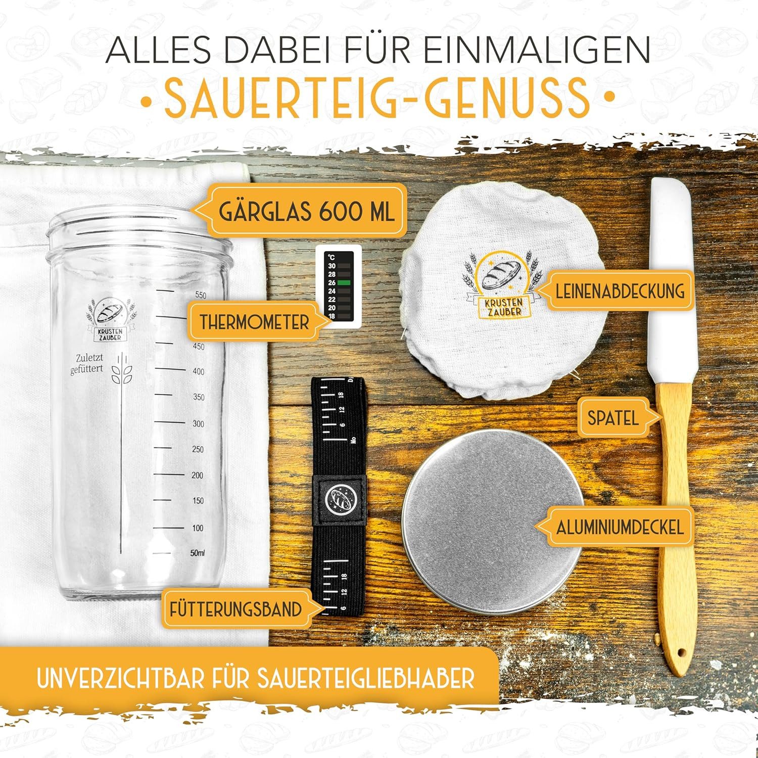 Krustenzauber Fermentationsglas Brotbackform Sauerteig Starter Set - Gärglas mit Spatel u. Thermometer, (1-tlg)