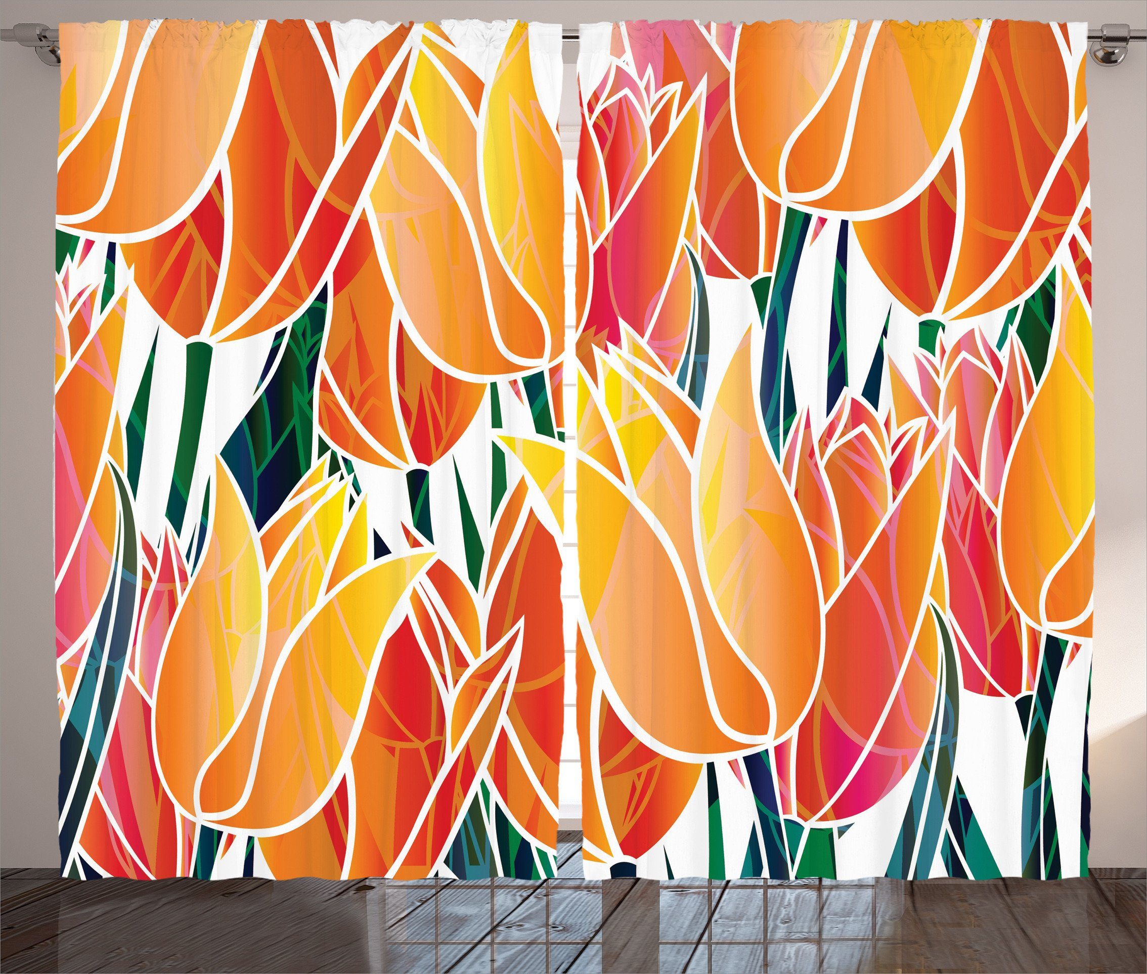 Schlafzimmer mit Tulip Gardine Vorhang Floral Kräuselband Garden Orange Abakuhaus, Haken, Schlaufen und