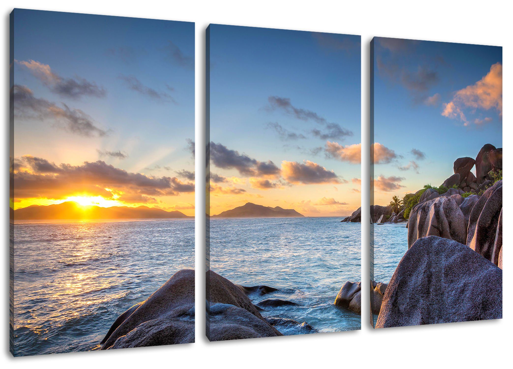 Pixxprint Leinwandbild Sonnenuntergang Seychellen, Sonnenuntergang Seychellen 3Teiler (120x80cm) (1 St), Leinwandbild fertig bespannt, inkl. Zackenaufhänger