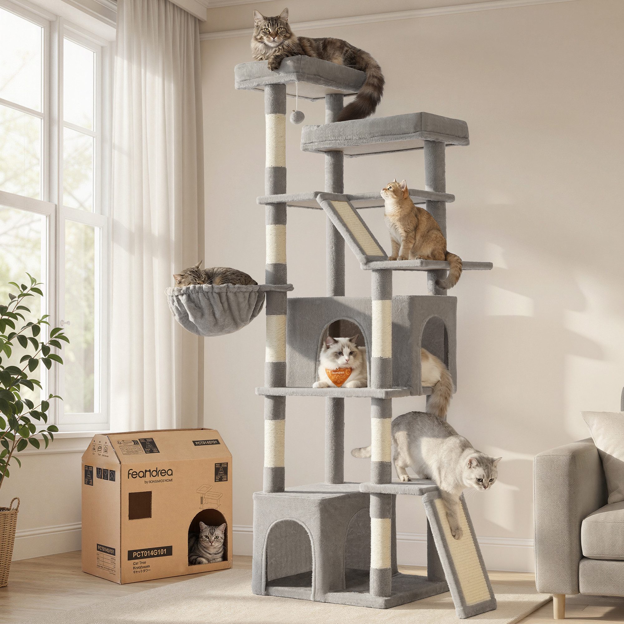 FEANDREA Kratzbaum Großer Katzenbaum mit Sisalstämmen, Mehrstöckiger Kletterbaum, mit Kratzbrett, Katzenturm für Mehrere Katzen, 55 x 45 x 185 cm