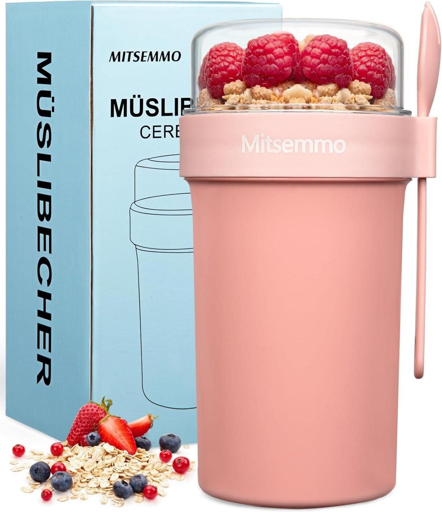 Coffee-to-go-Becher Müslibecher to Go 760ml+230ml, Müsli Cup Becher Löffel Rosa