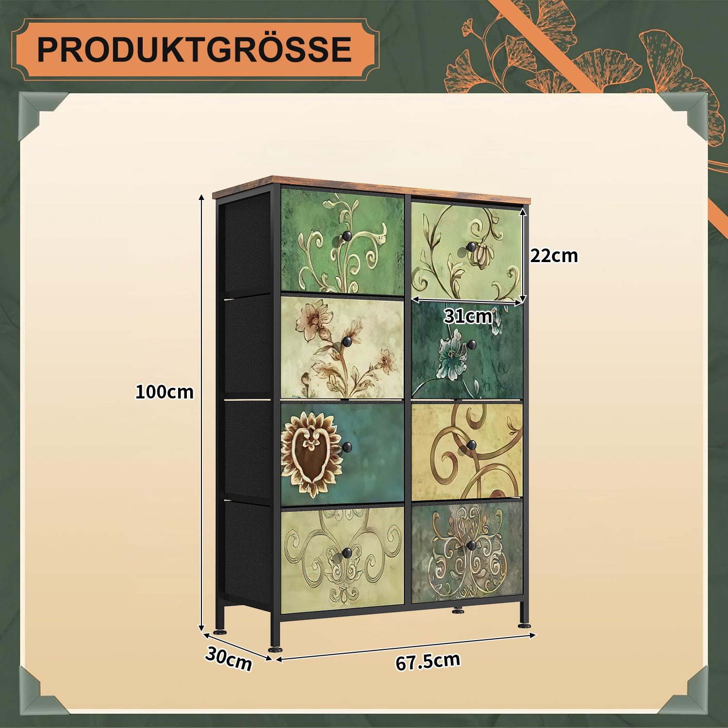 zebery Kommode Schrank Schubladenkommode (Set, 1 St., Stahl, MDF, Vliesstoff,Blumenmuster,Sideboard), 55.2 x 100 x 30 cm