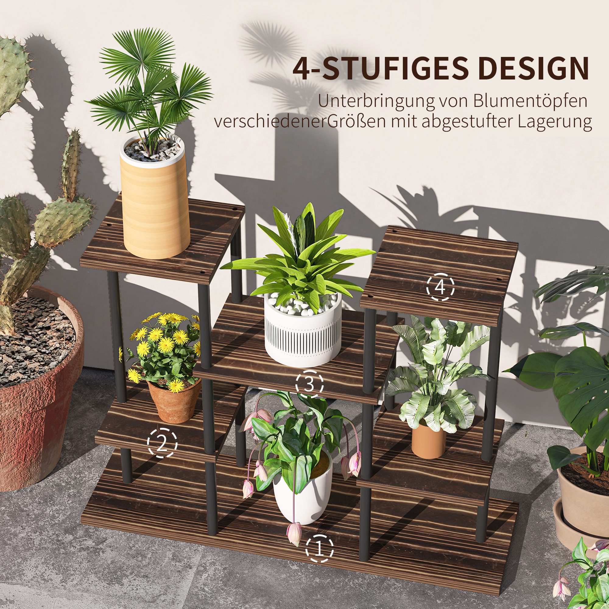 furnicato Pflanzentreppe Blumenständer 4 Ebenen, 4-stufig, Holz & Stahl, für drinne (1 St), Stabile Pflanzentreppe mit kompaktem Design für das Wohnzimmer