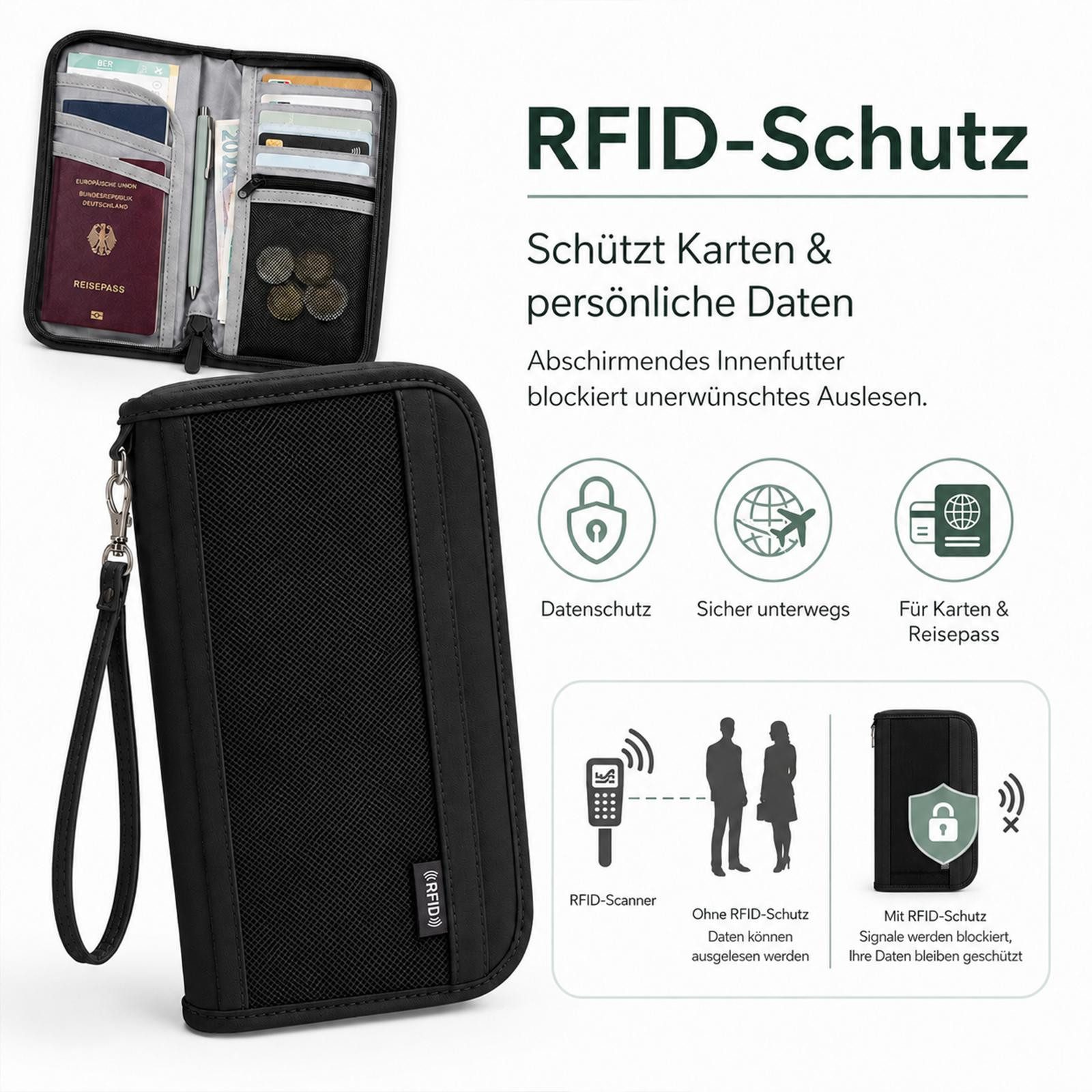 VERCO Dokumententasche RFID Schutz Reisepasshülle mit Kartenfächern, Reisebrieftasche mit Münzfach Handschlaufe Stifthalter Organizer