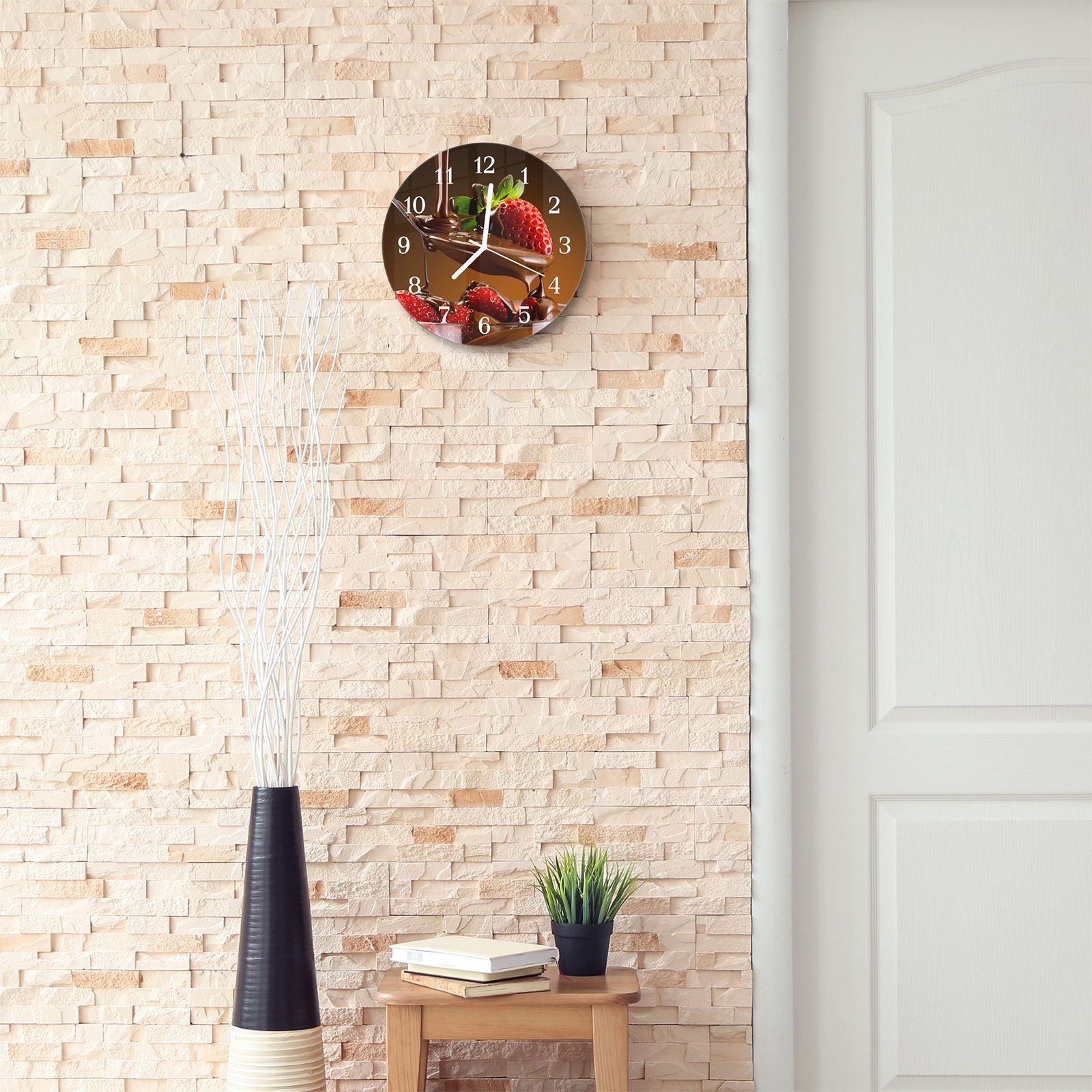 mit 30 Rund Wanduhr cm Erdbeer Wanduhr Quarzuhrwerk - mit und Schokolade Durchmesser Primedeco aus Motiv und Glas