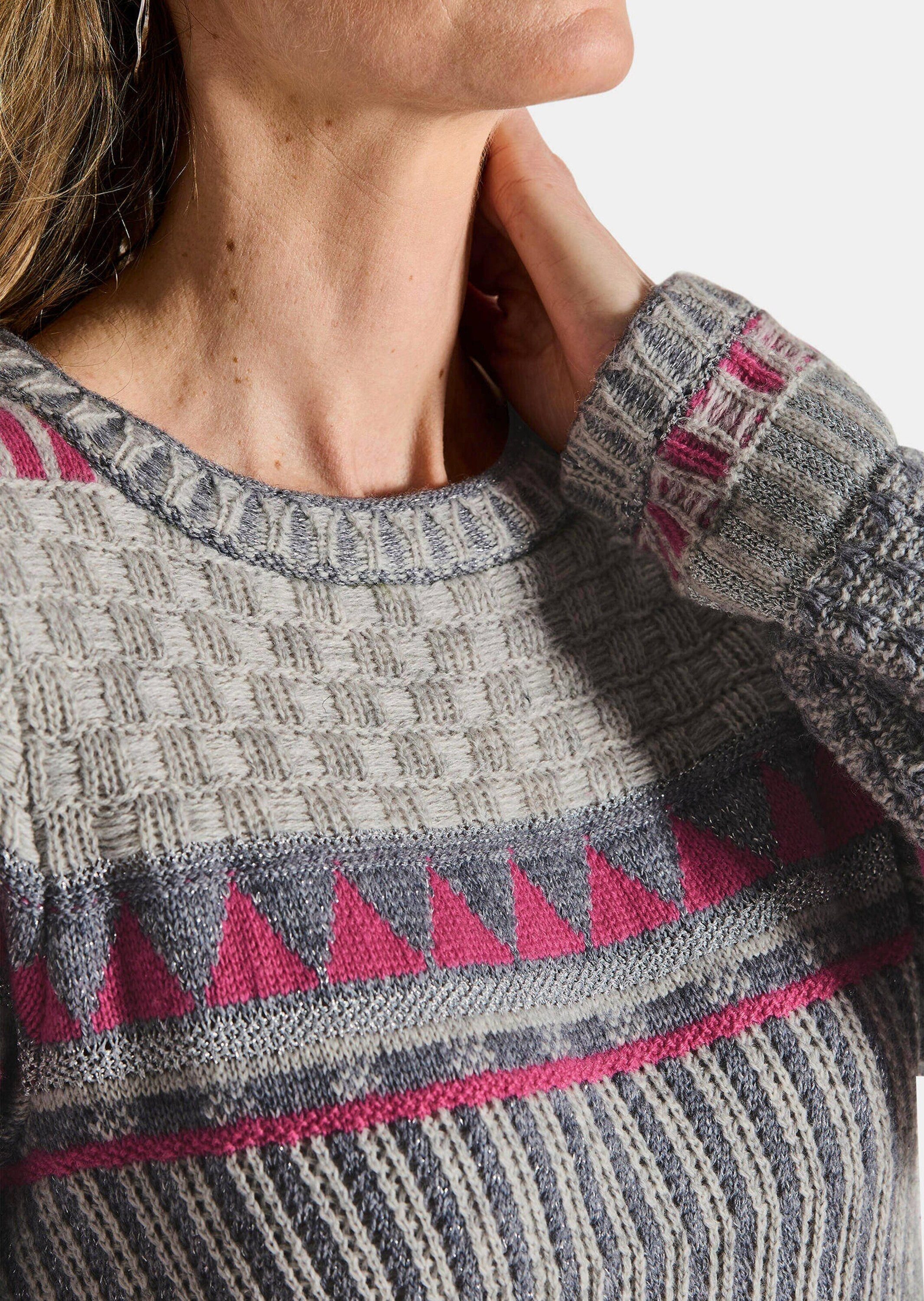 GOLDNER Strickpullover Norwegerpullover mit U-Boot-Ausschnitt Hüftlanger Jacquard-Pullover mit Lurex-Details, Langarm