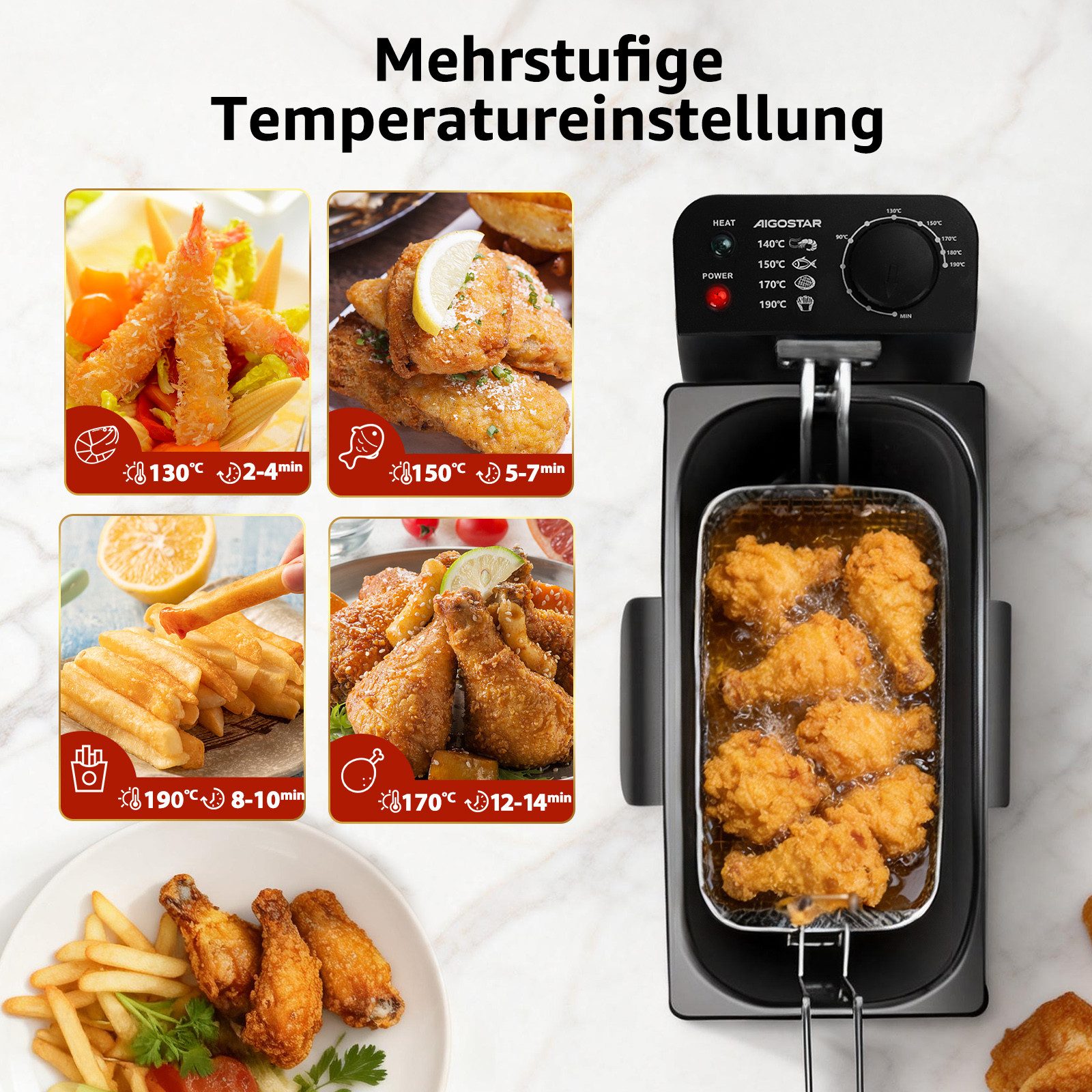 Aigostar Fritteuse mit öl-3L, friteuse mit Sichtfenster, stufenloser Temperaturregler bis 190°C, 2200 W, Temperaturregler bis 190°C, Überhitzungsschutz, Einfach zu Reinigen