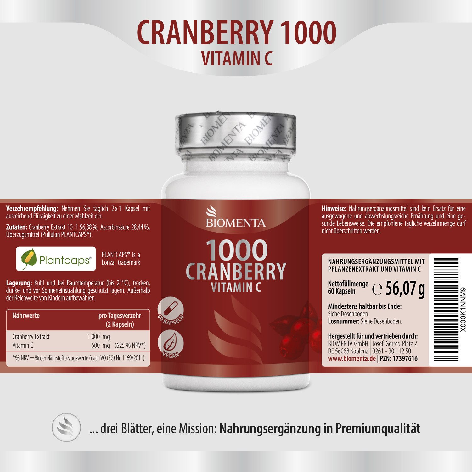 BIOMENTA Cranberry 1000 - 60 Kapseln je 500 mg Frucht Extrakt - Premiumqualität Kapseln, 60 St., 52.3 g