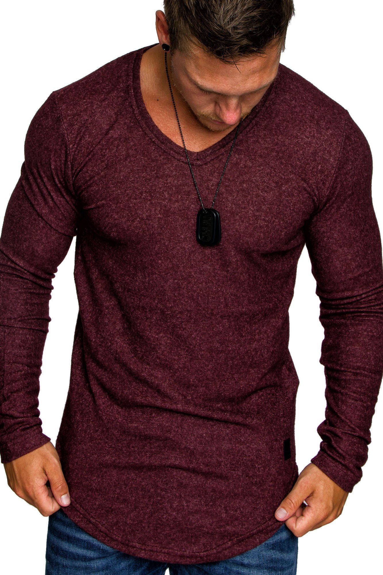 mit Basic V-Ausschnitt Pullover Feinstrick Sweatshirt Melange Pullover Hoodie DAVIE Herren Amaci&Sons Bordeaux Oversize