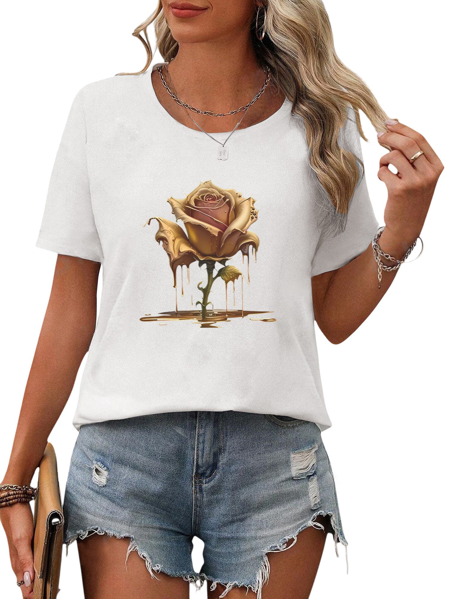PYLIKE T-Shirt Damen Bequemes Sommer Kurzarmbluse Rose Ausgefallene T-Shirt günstig online kaufen