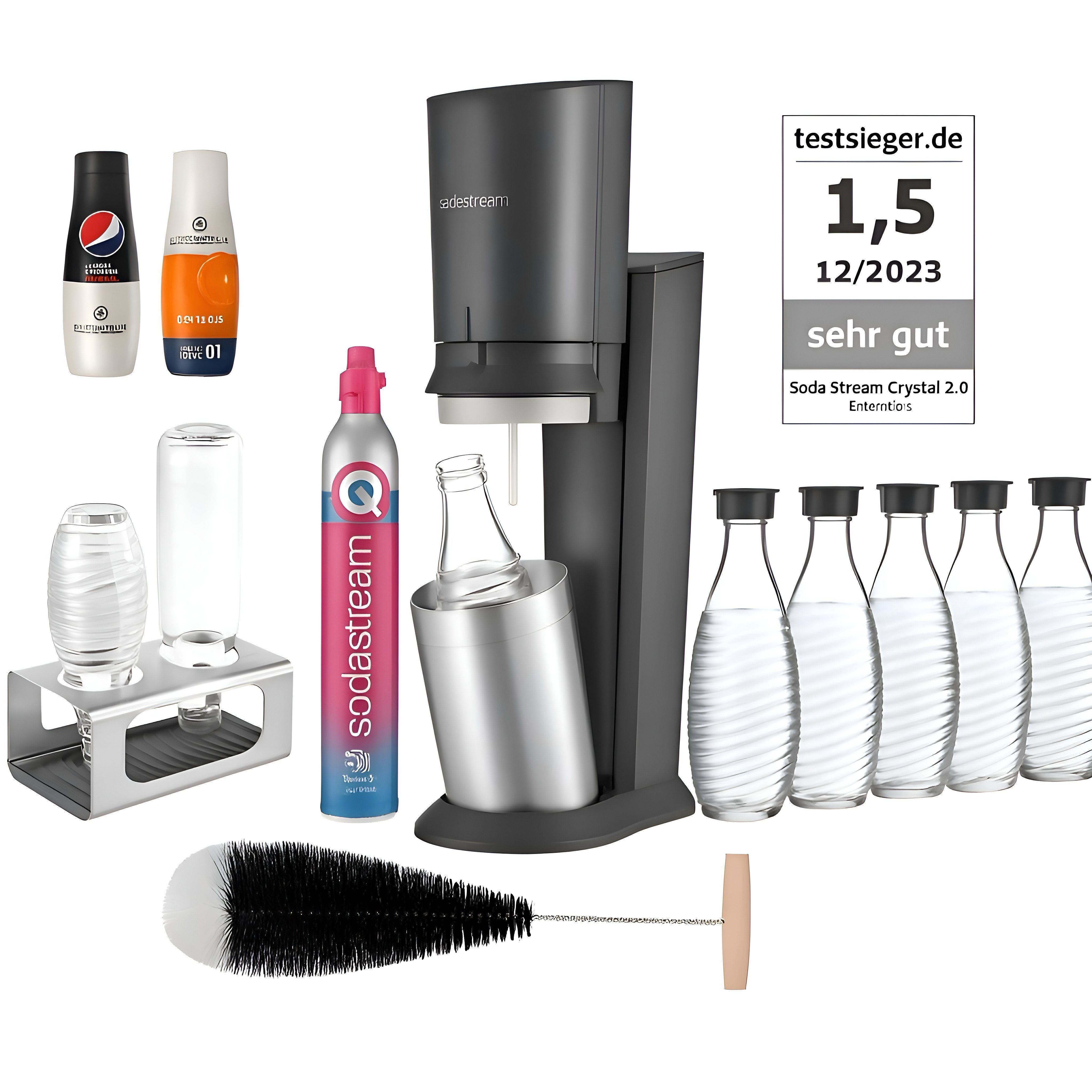 Wassersprudler SodaStream Crystal 3.0 Titan 2x Pepsi Sirup 5x Glaskaraffen, Silber
